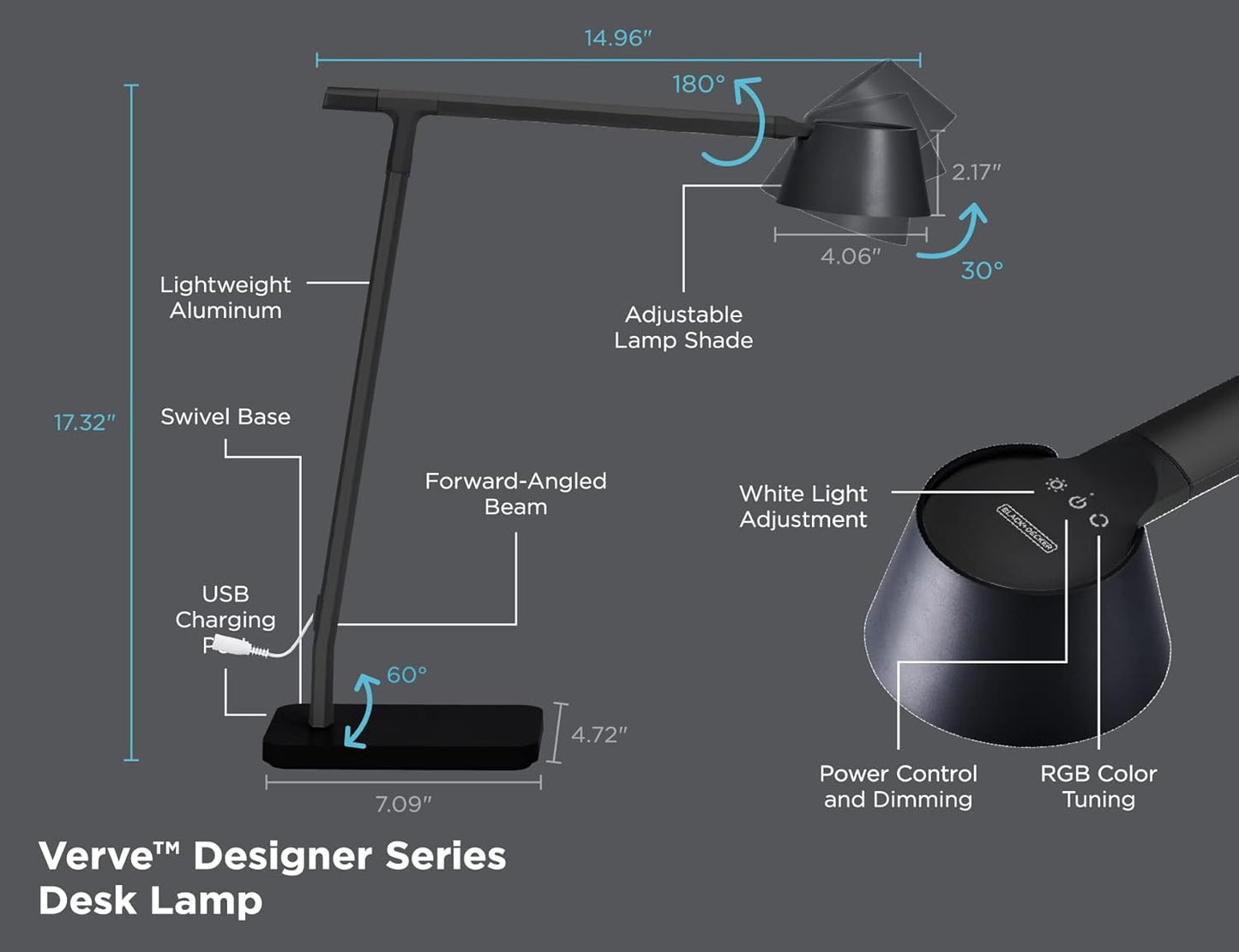 Bostitch Black+Decker Verve Designer Smart Desk Lamp, Compatible with Alexa, Auto-Circadian Mode, True White LED + 16M RGB Colors, USB Charging Port, Certified for Humans