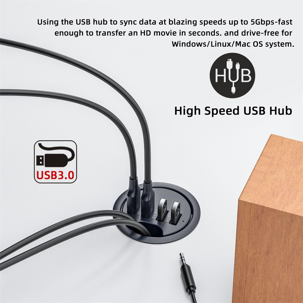 Cablecc 4 Ports USB 3.0 Hub USB Splitter 60mm Desk Grommet Dock Station Interface for Desktop PC Desk