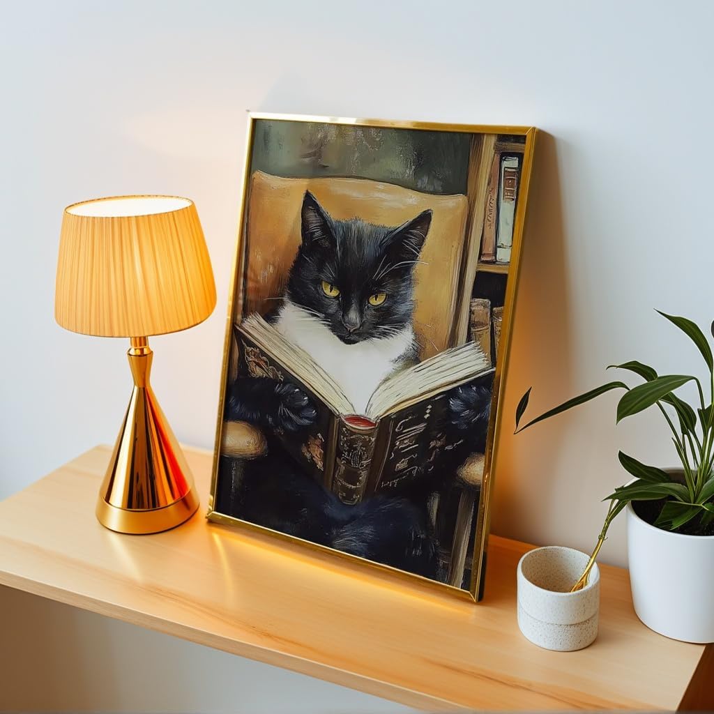 Heltrappe Funny Tuxedo Cat Reading Book Wall Art Poster Vintage black cat Painting library reading nook Book Room Dark Academia Aesthetic Kitten Art Wall Decor 08x10in Unframed