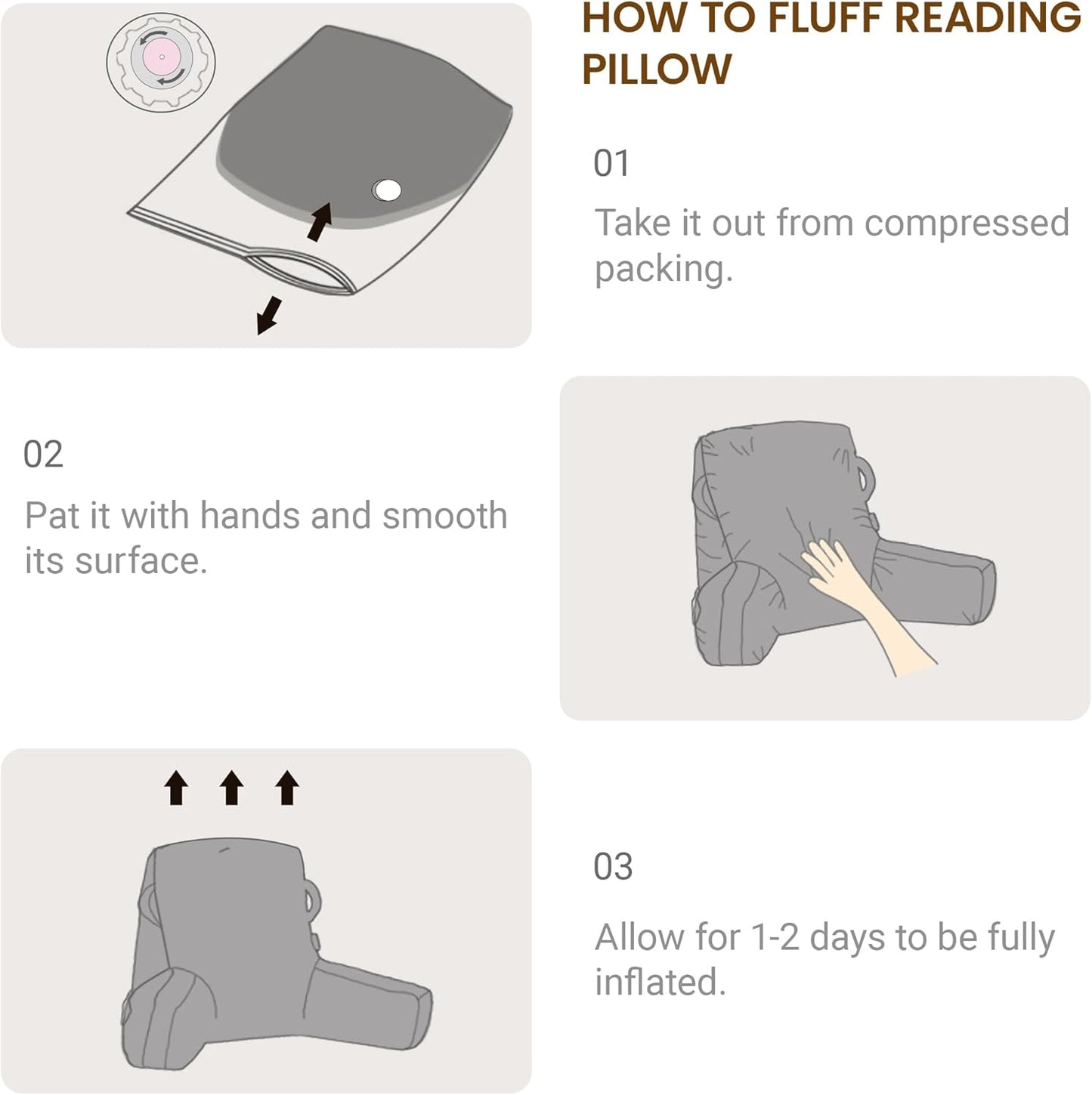 Portable Comfy Reading Pillows for Bed Sitting Up(Grey Oeko-Tex), Velvet Back Pillow with Arms & Pockets for Adults, Support Memory Foam Bed Pillow for Dorm/Reading/Watching/Gaming