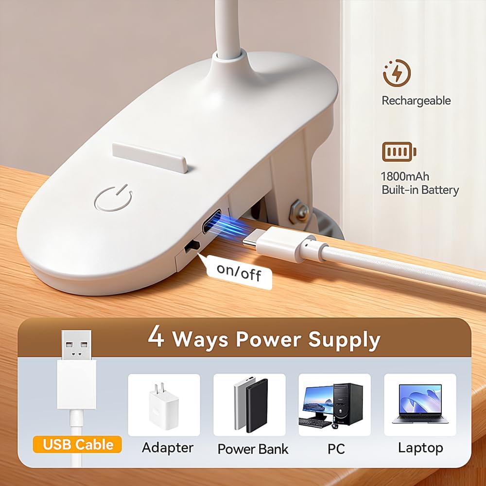Clip On Clamp Light for Bed Headboard,Rechargeable Desk Lamp,3 Colors (White/Warm White/Warm),Dimmable 360° Gooseneck,20 LED,Eye-Caring Light for Study & WorkCollege Dorm Essentials for Girls & Guys