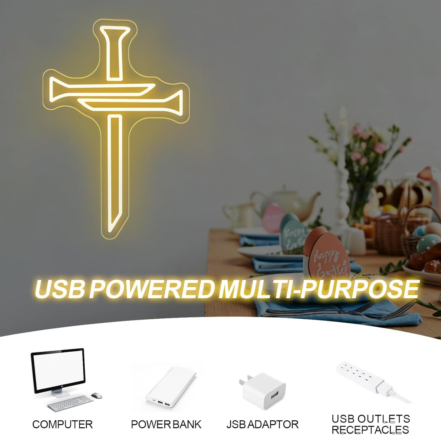 Christian Cross Neon Sign Easter Religious Cross Inspirational Led Light For Christian Home Worship Room Decor Gift Bedroom Room Home, Home Party, Wedding, Easter, New Year Gift-16.5IN-Warm White