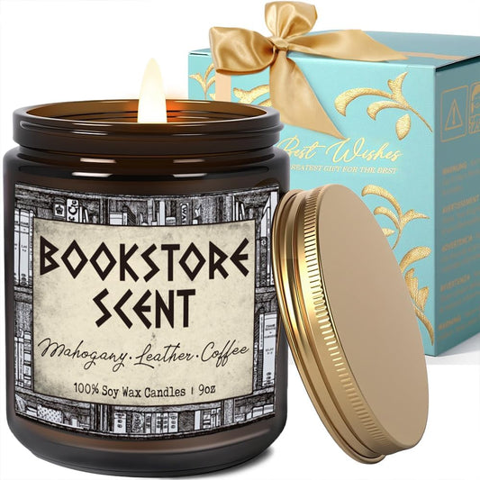 Book Lover Candle, Inspired Gift for Readers, Birthday, Book Themed Reading Gifts for Women, Bookworm, Librarian, Men, Bookstore Scent Mahogany Leather Coffee Scent Candle 9OZ