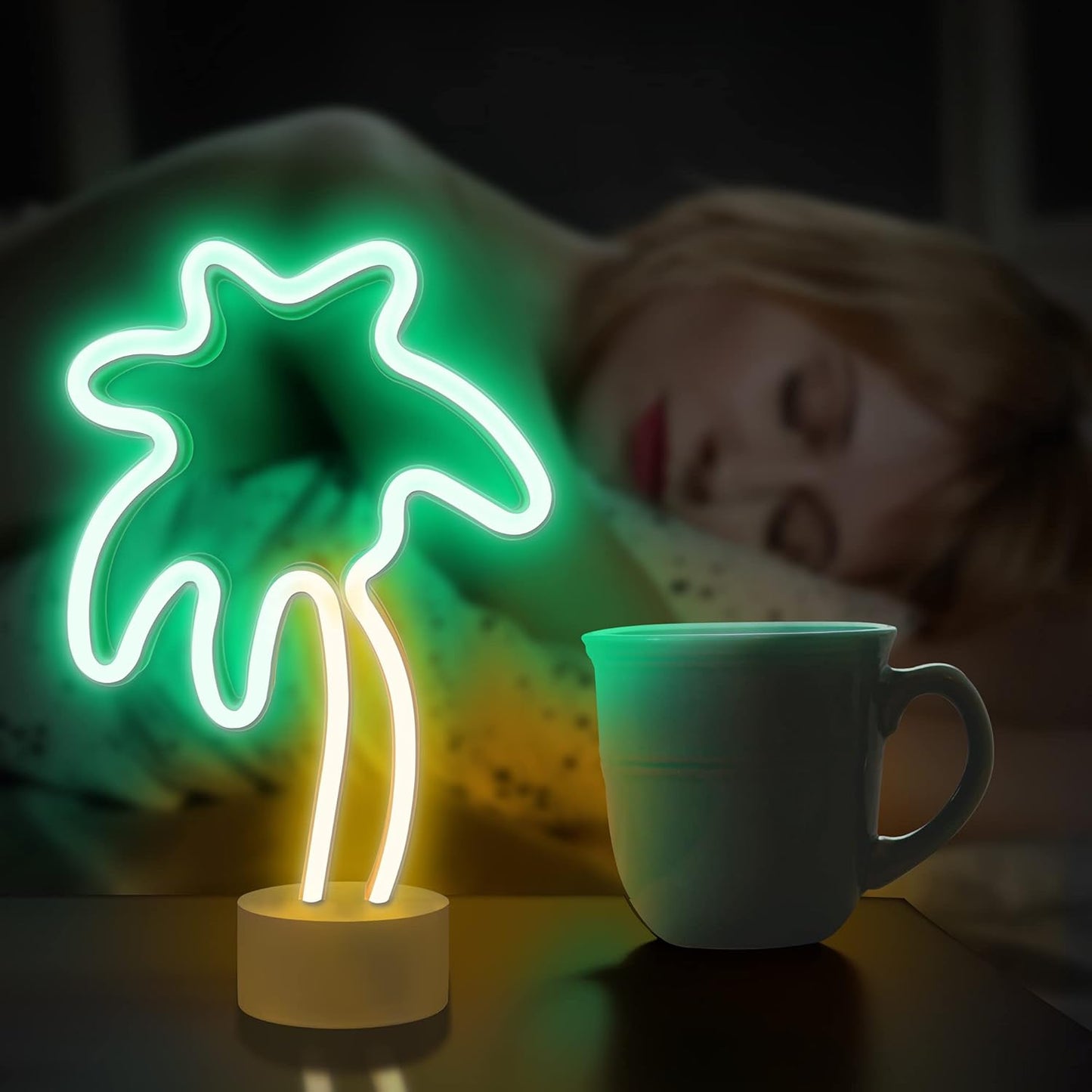 Lumoonosity Palm Tree Lights - Green & Yellow Palm Tree Neon Sign for Bedroom, Game Room - Battery/USB Powered Coconut Trees Neon Light with Stand for Desktop & Tabletop