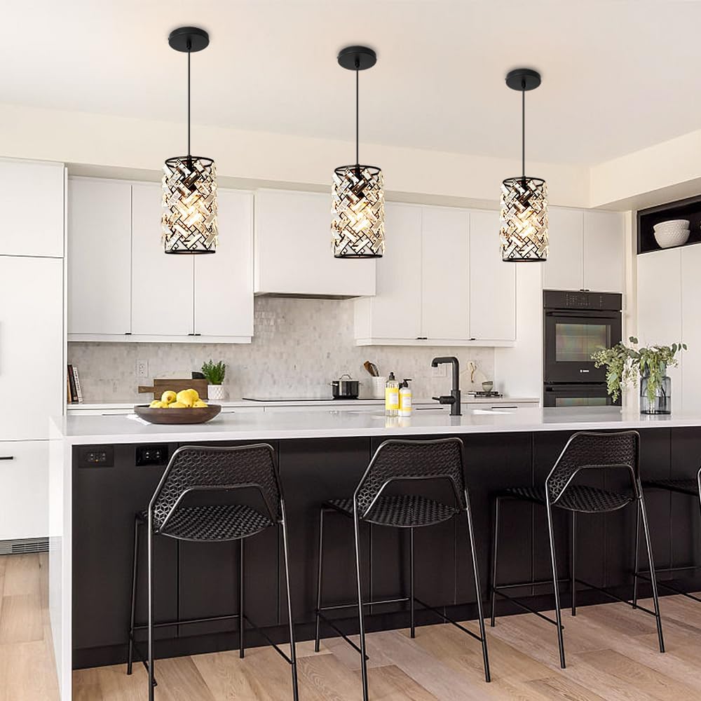 Black Pendant Lights Kitchen Island, Mini Crystal Modern Kitchen Pendant Lighting Over Sink with 10.2" Clear Glass Shade Chandeliers, Adjustable Pendant Light Fixture for Dinning Room Bedroom Entryway