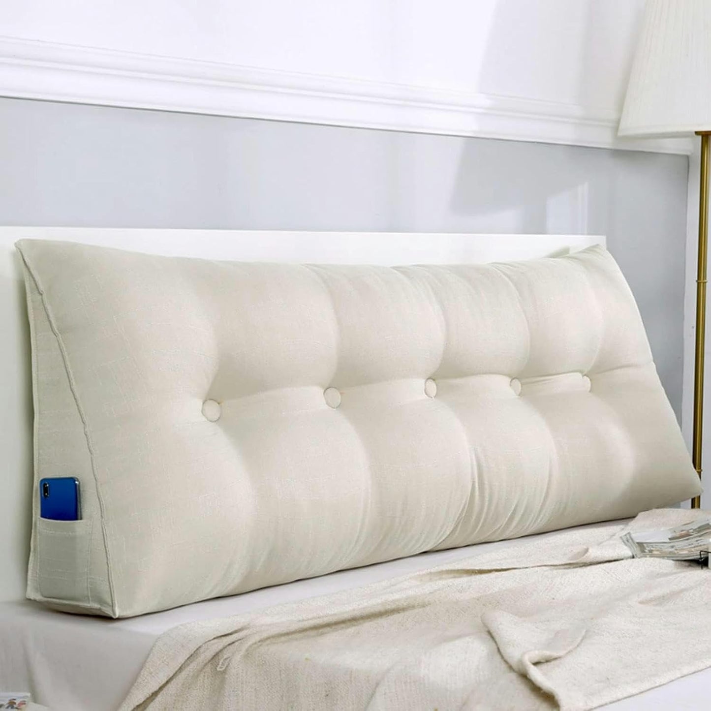 Linen Wedge Headboard Pillow,Large Bolster Triangular Headboard Reading Pillow,Solid Color Positioning Bed Rest Cushion Daybed Backrest with Removable Cover, White