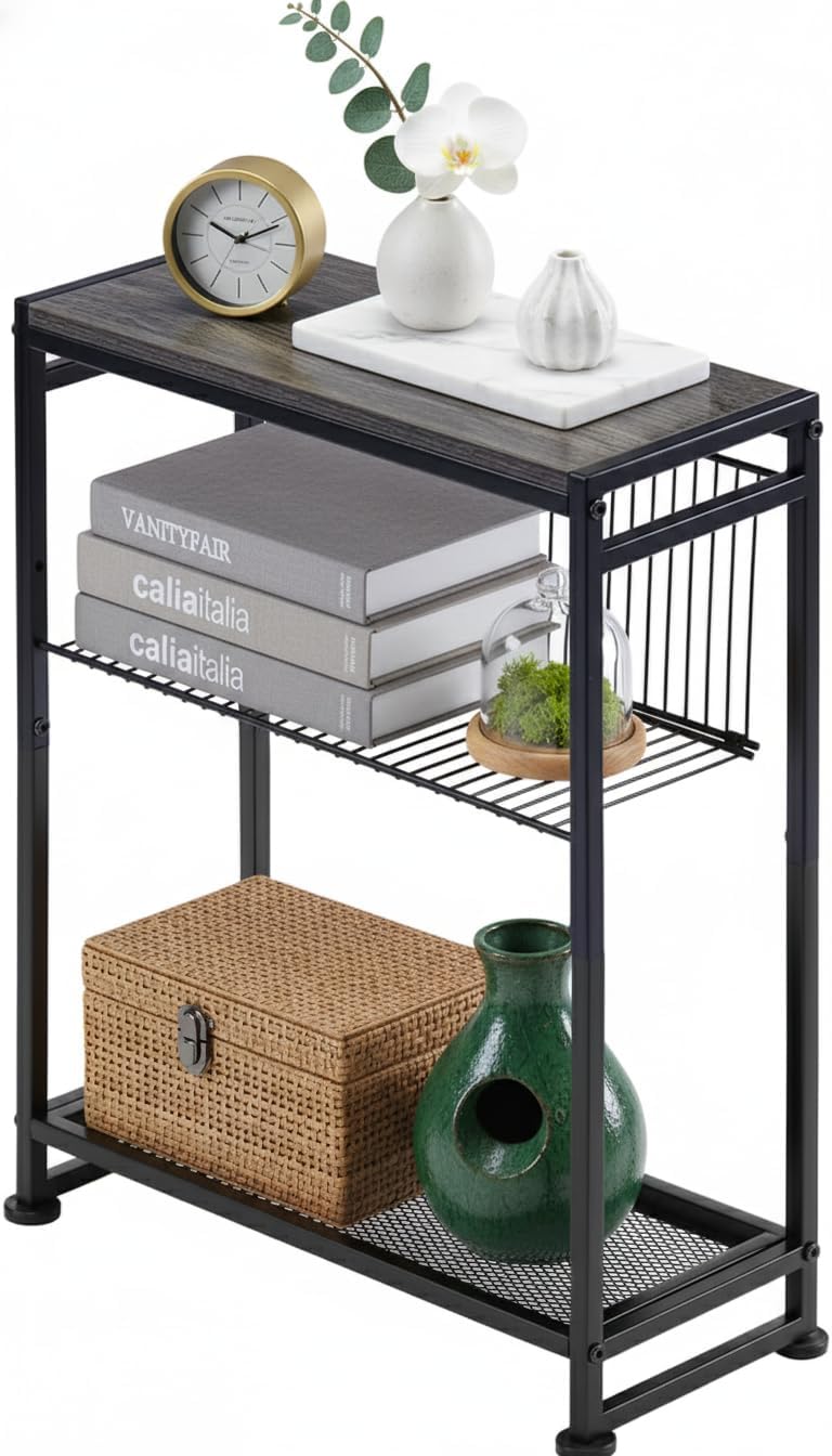 Dulcii Small Side Table for Small Spaces - Slim End Table with Magazine Holder Narrow End Table Living Room - Skinny Bedside Table Nightstand Bedroom Thin Side Table (Grey)