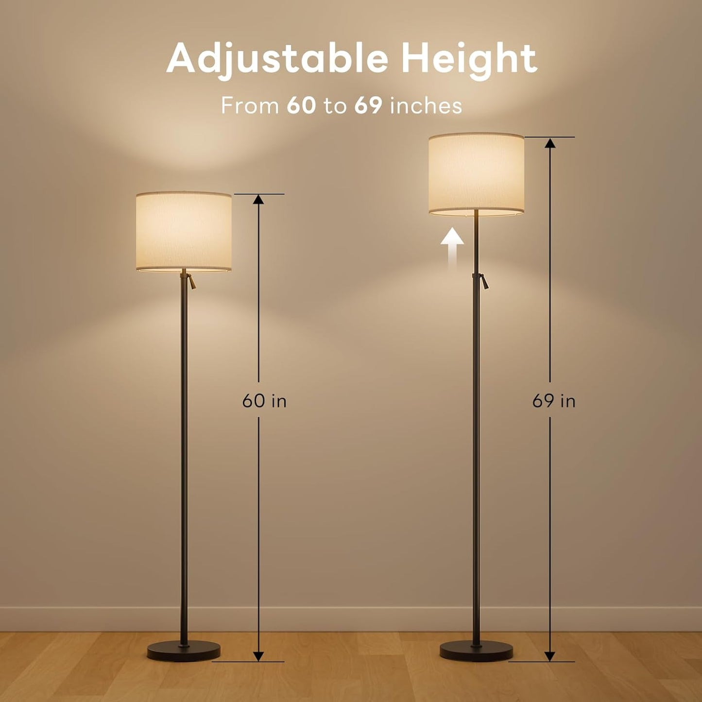 Smart Floor Lamp, Adjustable Height Standing Light with RGBCW Color Changing Bulb, Compatible with Alexa, Siri, Voice & App Control, Tall Lamp for Living Room, Bedroom, Office, Corner, Black