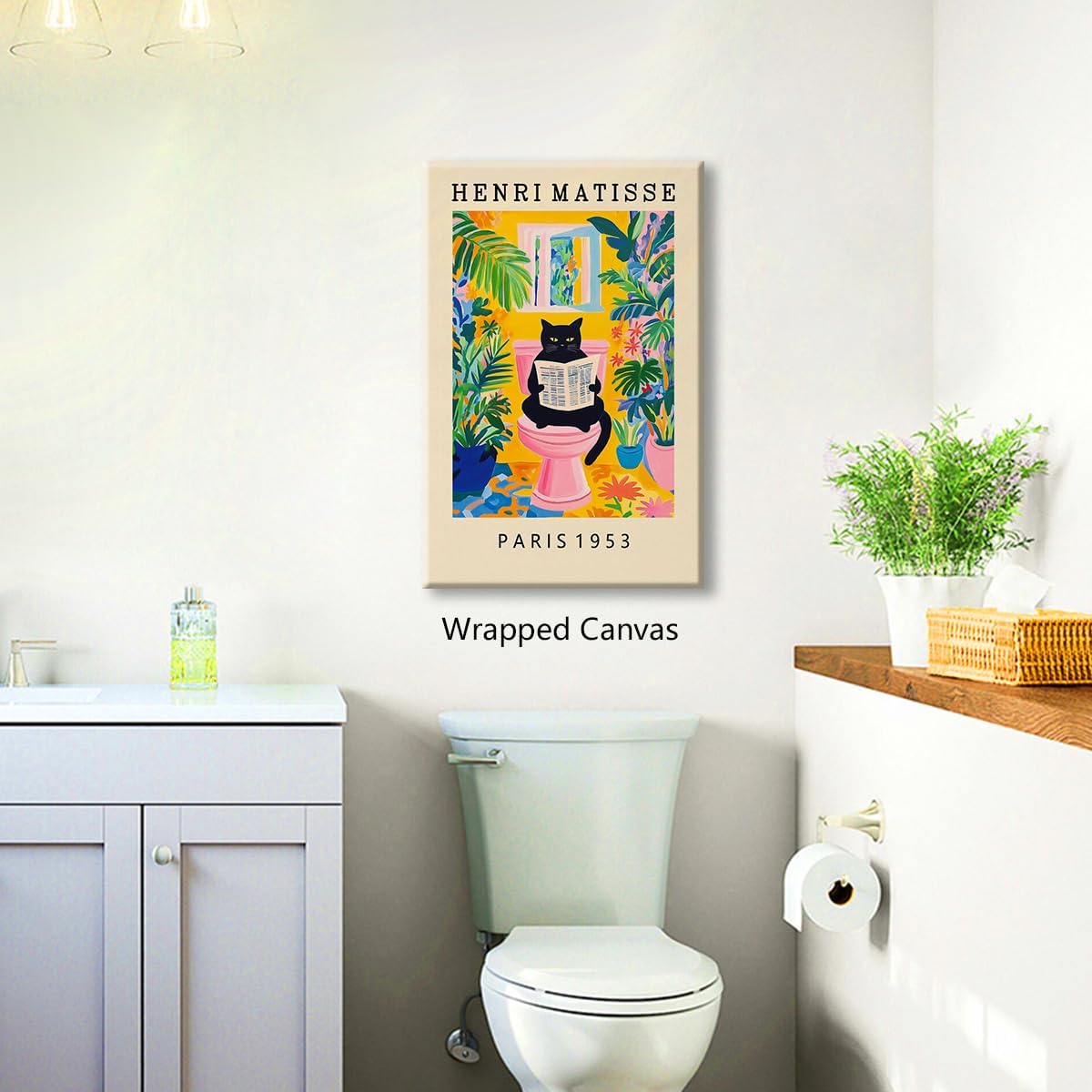 XMJJQQ Cat Canvas Wall Art, Black Cat on Toilet Reading Newspaper Bathroom Poster, Pink Dopamine Henri Matisse Inspired Mid Century Print, Green Tropical Botanical Restroom Picture 8x12in Unframed