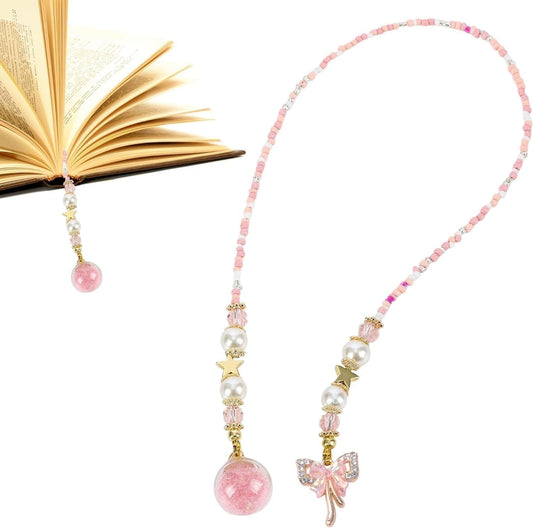 Cute Bow Bookmark Gifts - Pink Coquettee Beaded Bookmarks for Women Girls Book Lovers Funny Aesthetic Crystal Bead Chain Page Marks School Office Reading Accessories Bookish Gift for Birthday
