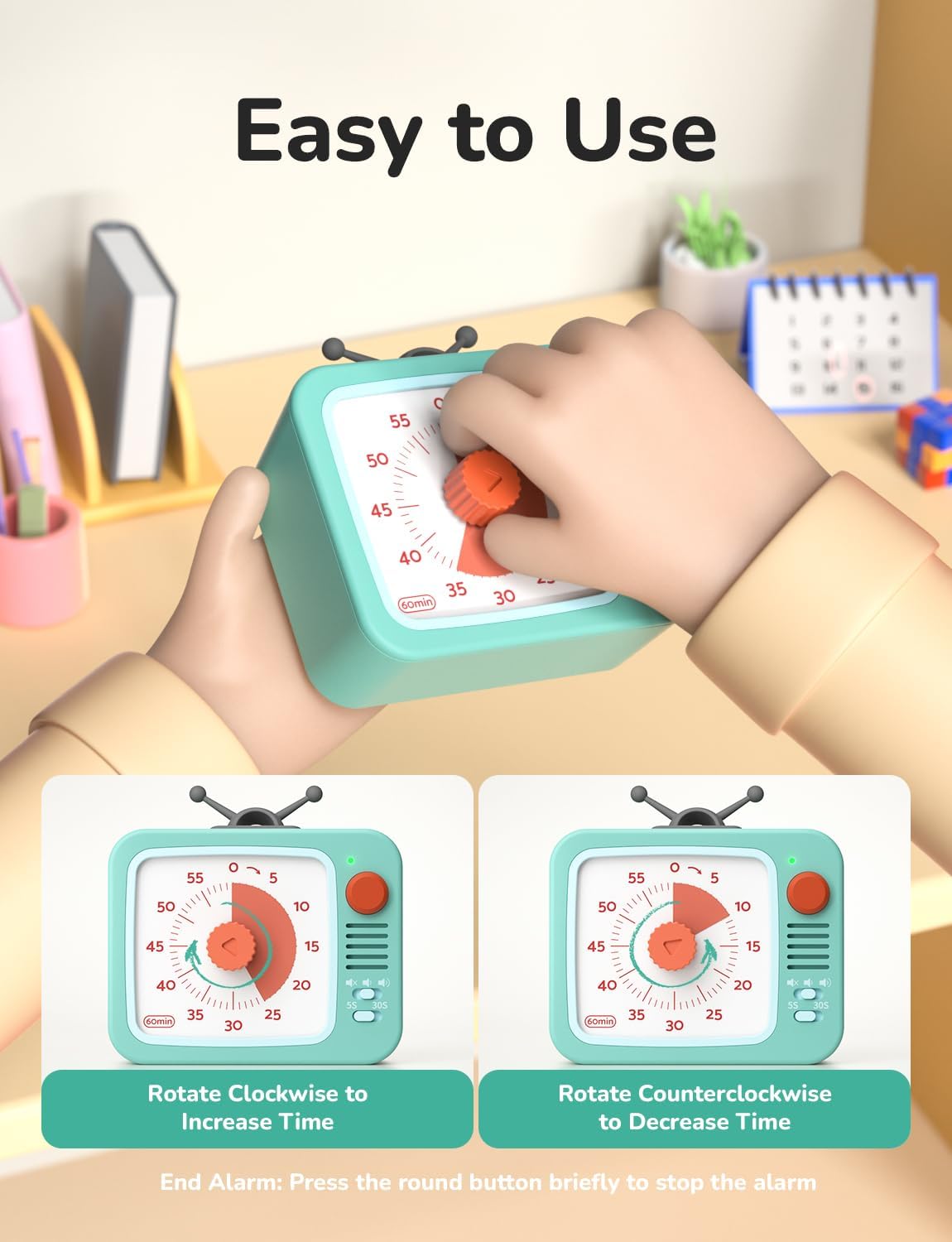 LIORQUE Visual Timer for Kids with Pause Function, 60-Minute Countdown Timers for Classroom Office Kitchen with Silent Operation, Kids Timer for Teaching
