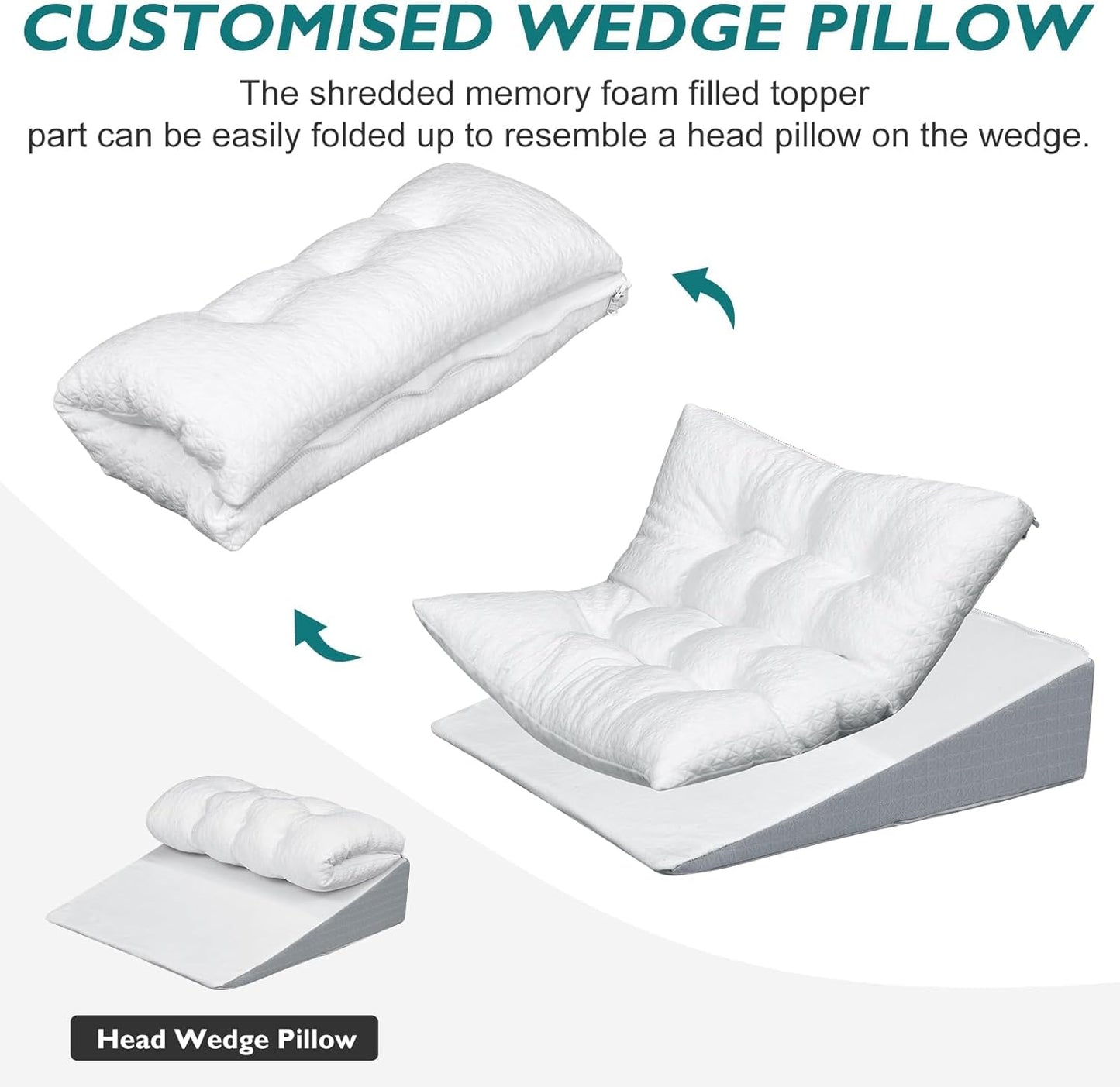 TANYOO Bed Wedge Pillow for Sleep Apnea 7.5Inch Gerd Pillow Patent Dual Layer Triangle Pillow Adjustable Shredded Memory Foam Topper Soft Support Ideal for Acid Reflux, After Surgery, Snoring