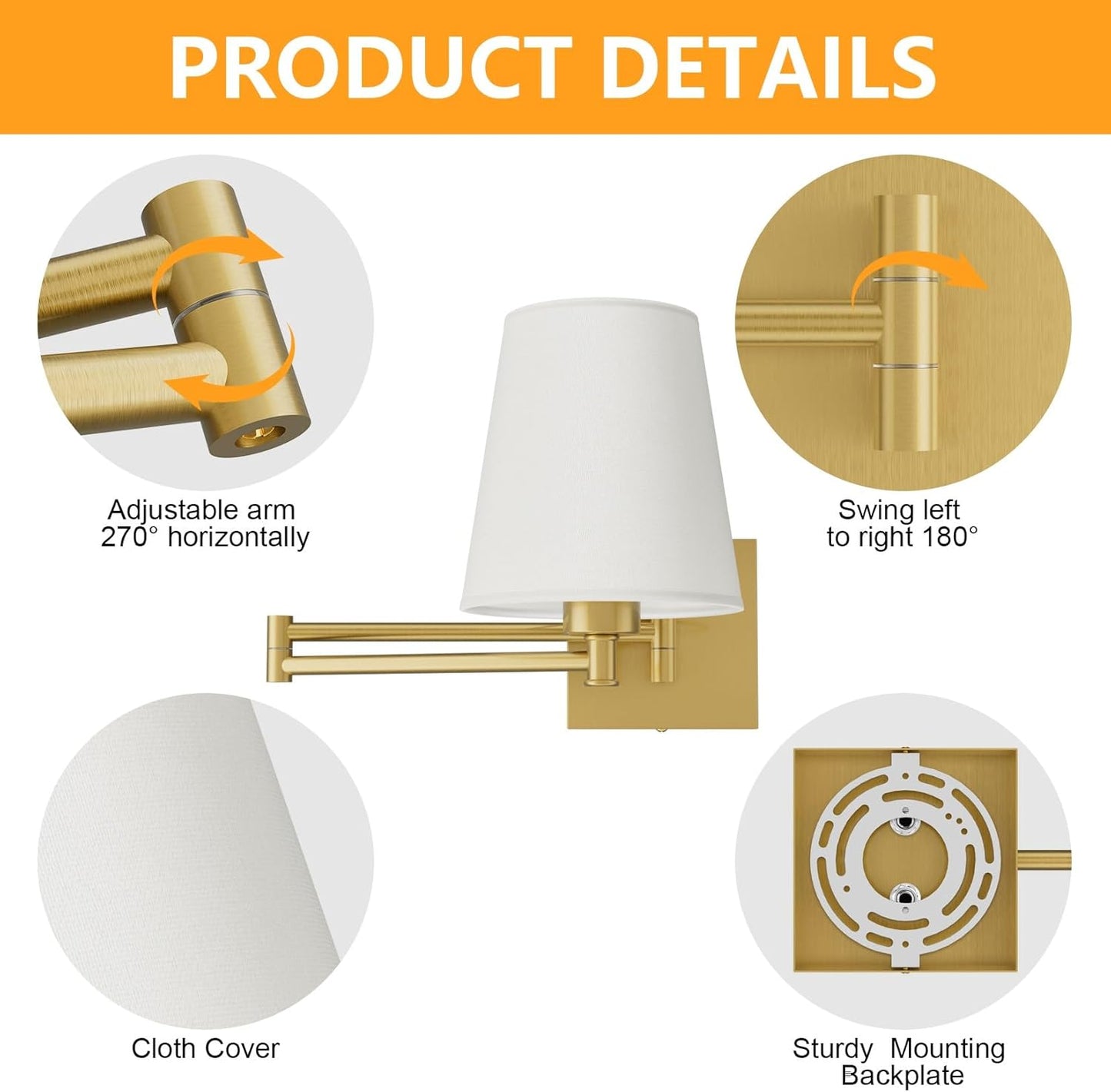 Aipsun Gold Wall Sconce Set of 2, Swing Arm Wall Lamps, Modern Bedroom Wall Sconce Fixtures with Fabric Lampshade for Reading Hallway Living Room(Exclude Bulb)