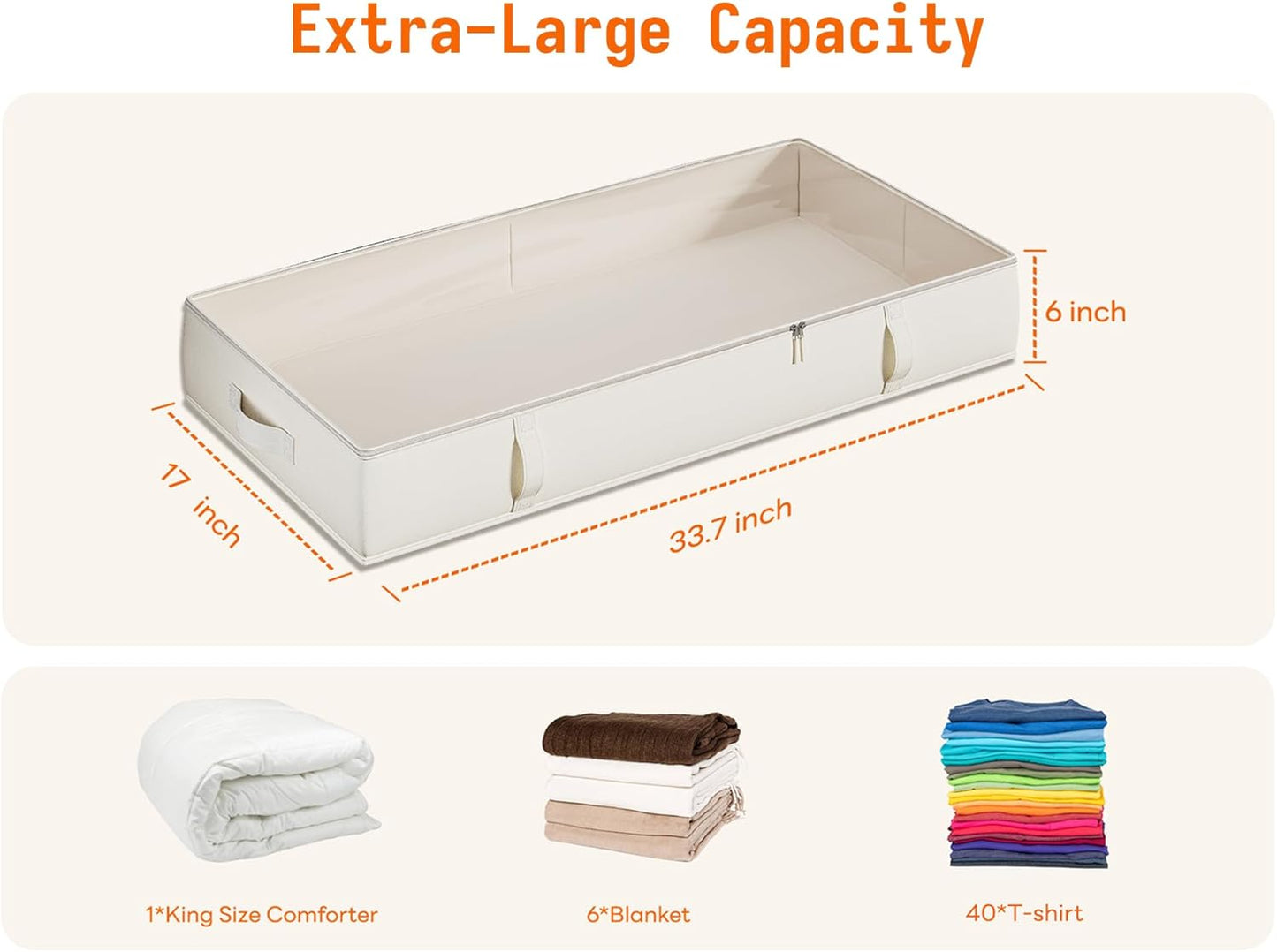 Vailando Side-Supported Under Bed Storage Containers, 6 Inches Tall 60L Underbed Storage Bins with Sturdy Handles and Sidewalls, Closet Organizer for Clothes, Blankets, Seasonal Items, Beige, 2-Pack