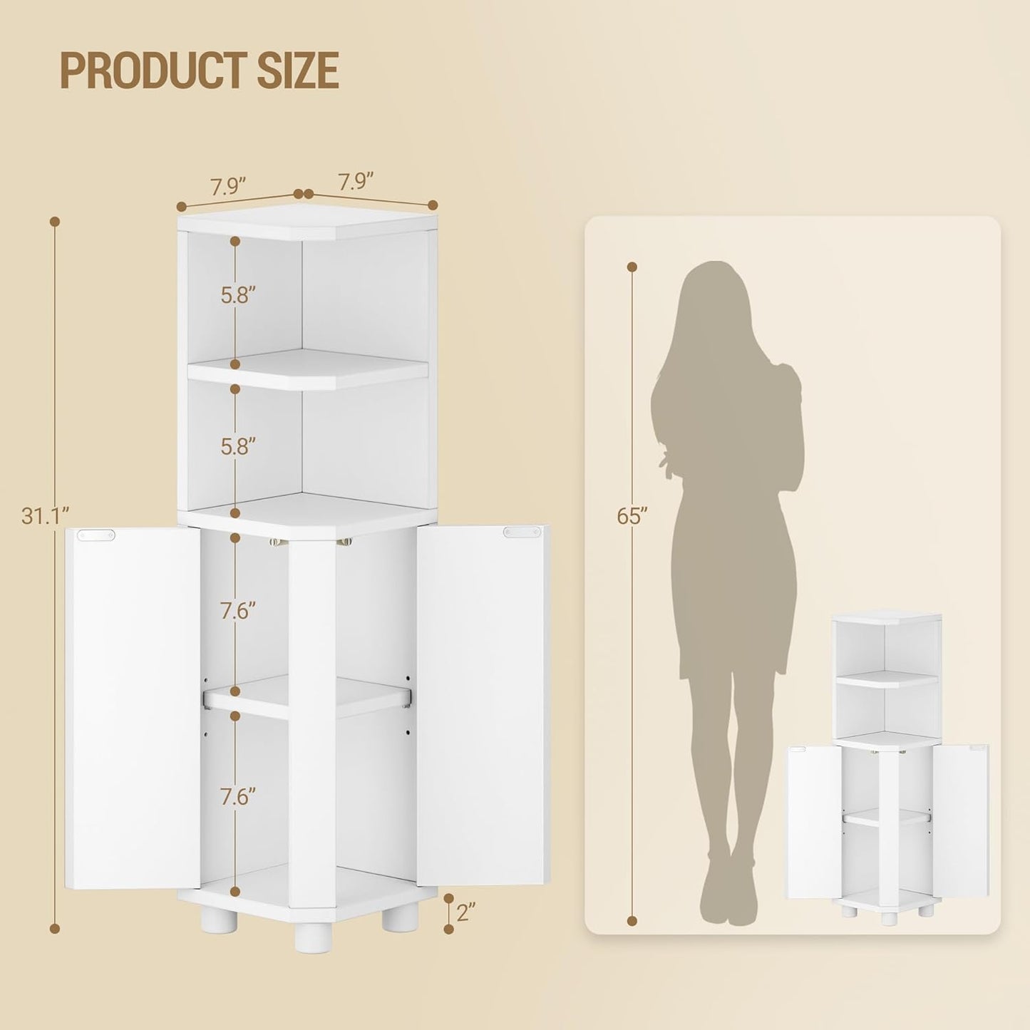 Corner Cabinet, Small Bathroom Corner Cabinet with Doors, Narrow Storage Cabinets with Adjustable Shelves, Bathroom Organizers and Storage for Small Space, White BC20003X
