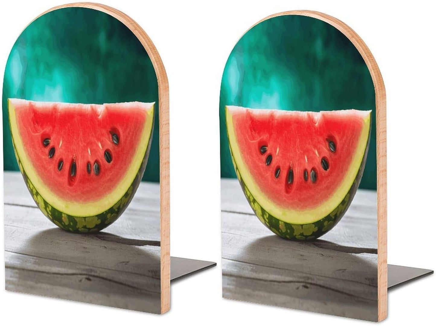 Watermelon with Smiley Bookend for Shelves Wooden Book End Large Size Sturdy Book Holders Stoppers with Metal Base for Bookshelves Slick Decorative Bookends Stands