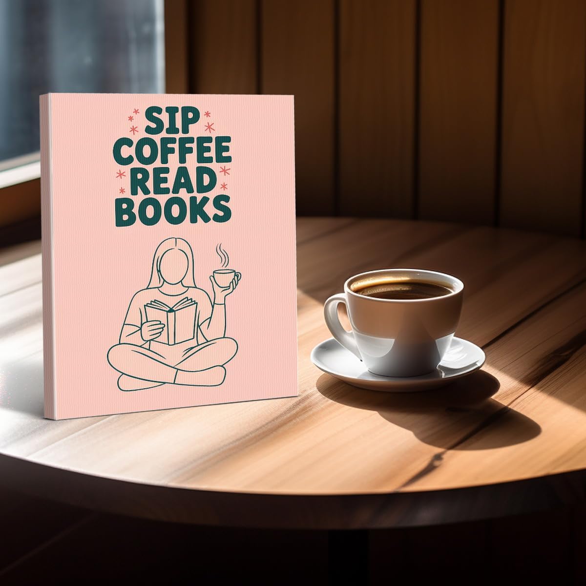 Coffee Book Lover Wall Art Print - Minimalist Coffee Reading Poster Artwork - Aesthetic Wall Decor for Study Room Reading Corner Library Cafe 8x10 Canvas Framed