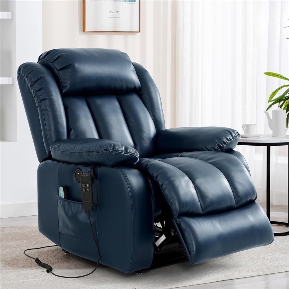 Large Power Lift Recliner Chair for Seniors Dual Motor Infinite Position Adjustable Electric Lounge Massage Heating Breathable Leather Comfortable Dark Blue Living Room Chair