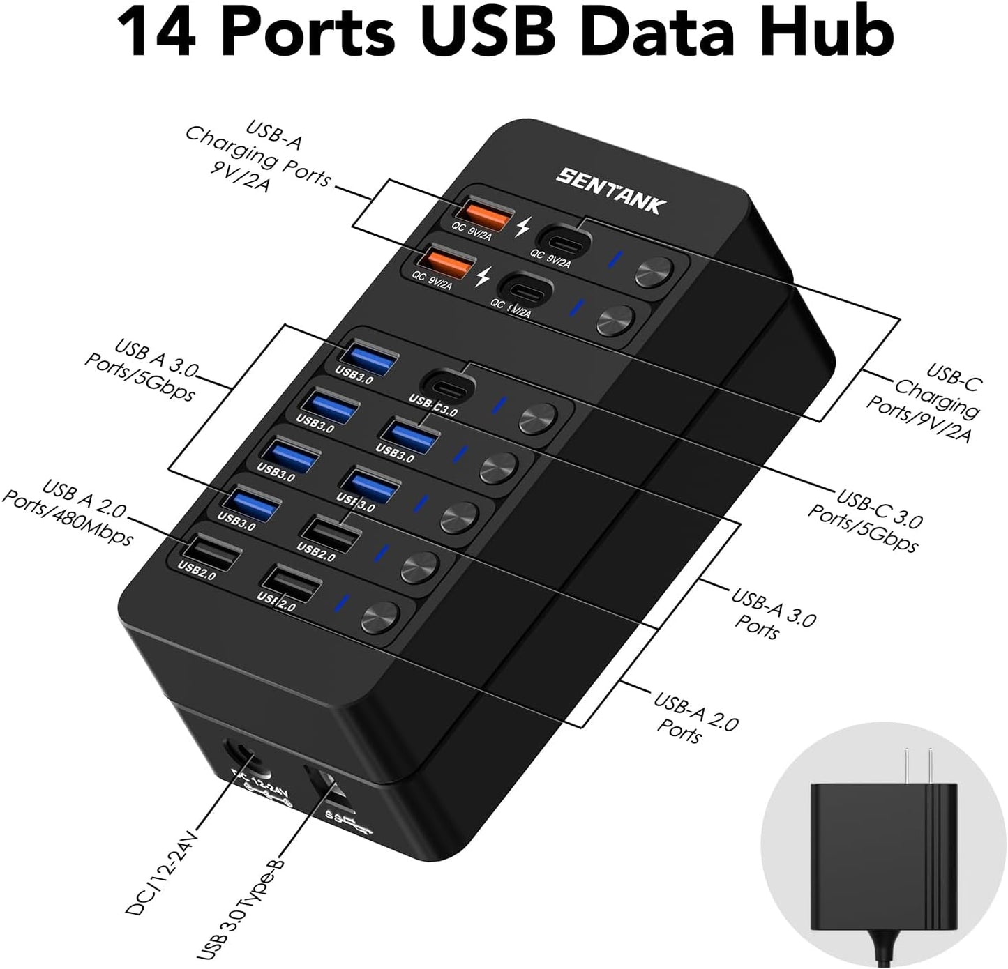 Powered USB Hub,14 Ports USB Data Hub Splitter with 6 USB 3.0 Port,4 Charging Port,1 USB-C 3.0 Data Port,1 PD 60W Charging Port w LED Individual On/Off Switches for MacBook,Mac Pro,Laptop/PC