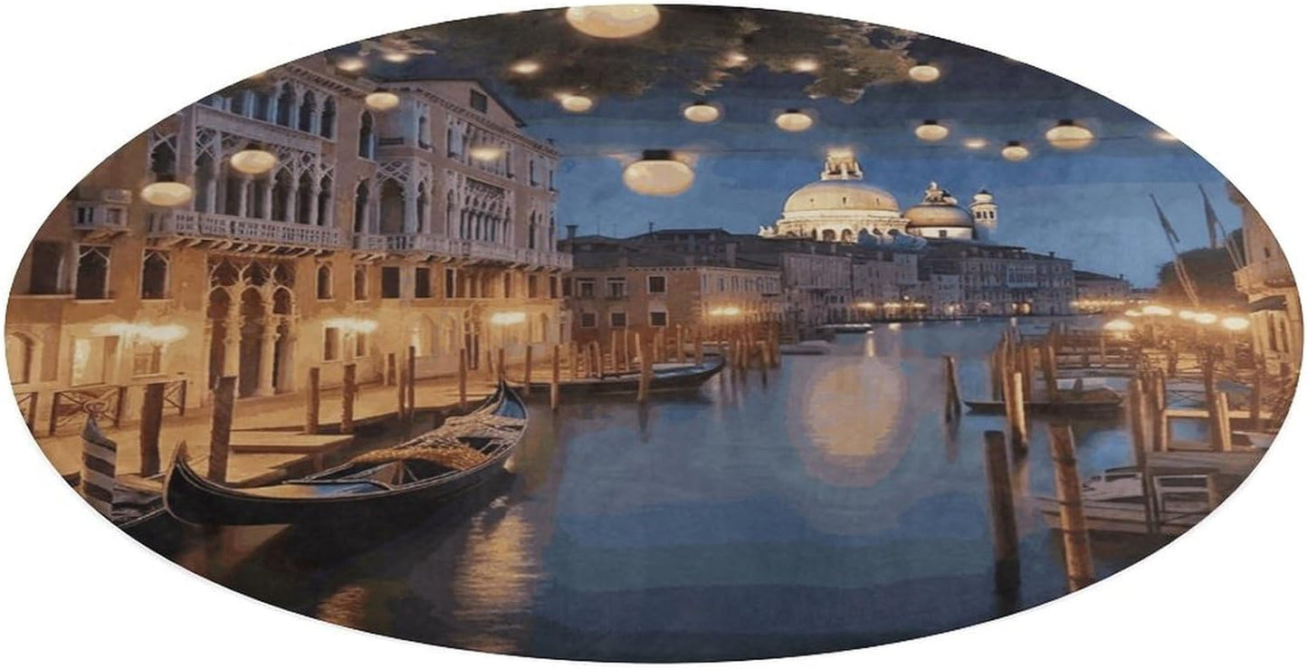 Beautiful Venice at Night Circle Rug Retro Luxury Coral Velvet Floor Mat Non Slip Soft Indoor Floor Carpet Comfy Thickened Area Rugs Modern Aesthetic Minimalist Carpets for Home Decor
