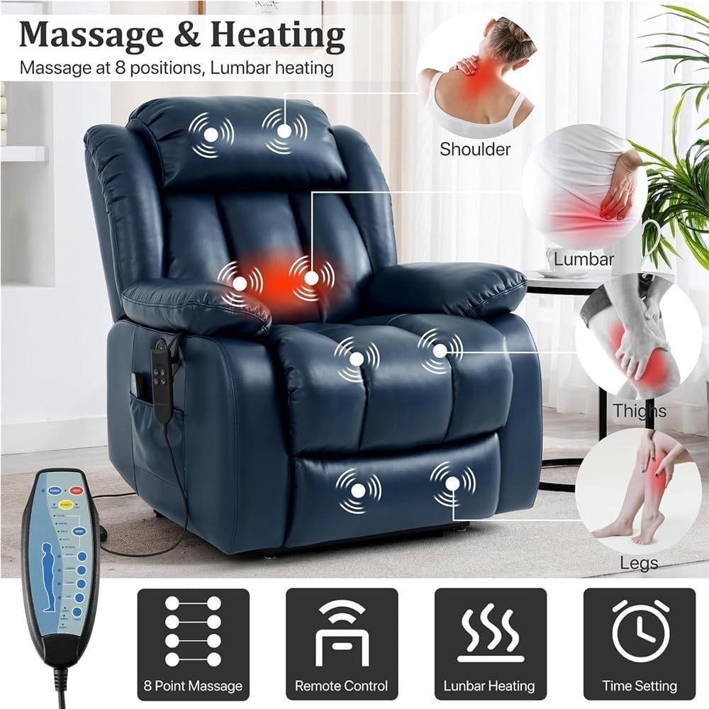 Large Power Lift Recliner Chair for Seniors Dual Motor Infinite Position Adjustable Electric Lounge Massage Heating Breathable Leather Comfortable Dark Blue Living Room Chair