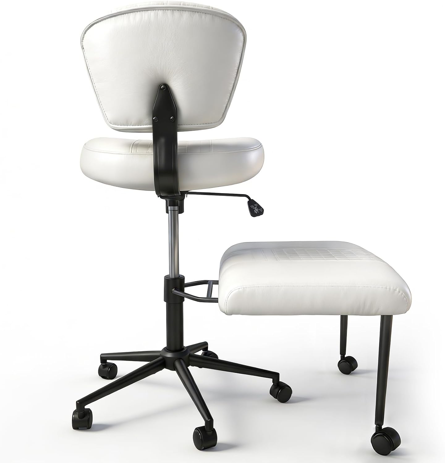 Meditation Chair with Footrest, 360° Swivel Height Adjustable Criss Cross Chair, White PU Padded Wide Seat, Home Office Desk Chair for Reading, Yoga, Peaceful Living