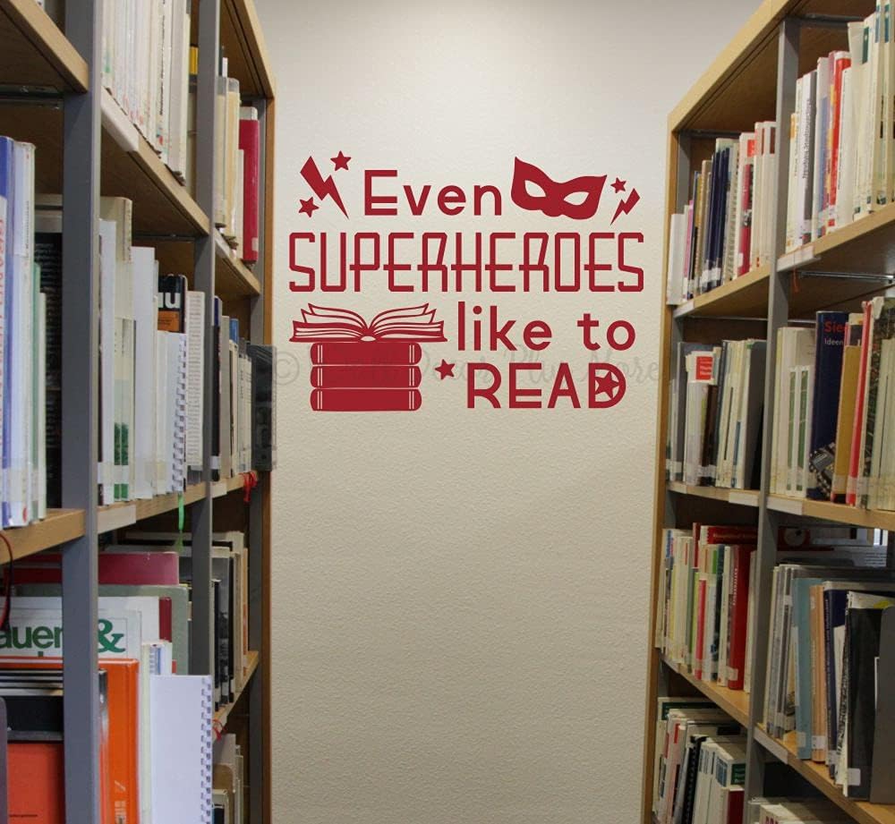 Superheros Like to Read School Wall Quotes Library Decals Art Stickers 23x17-Inch Red