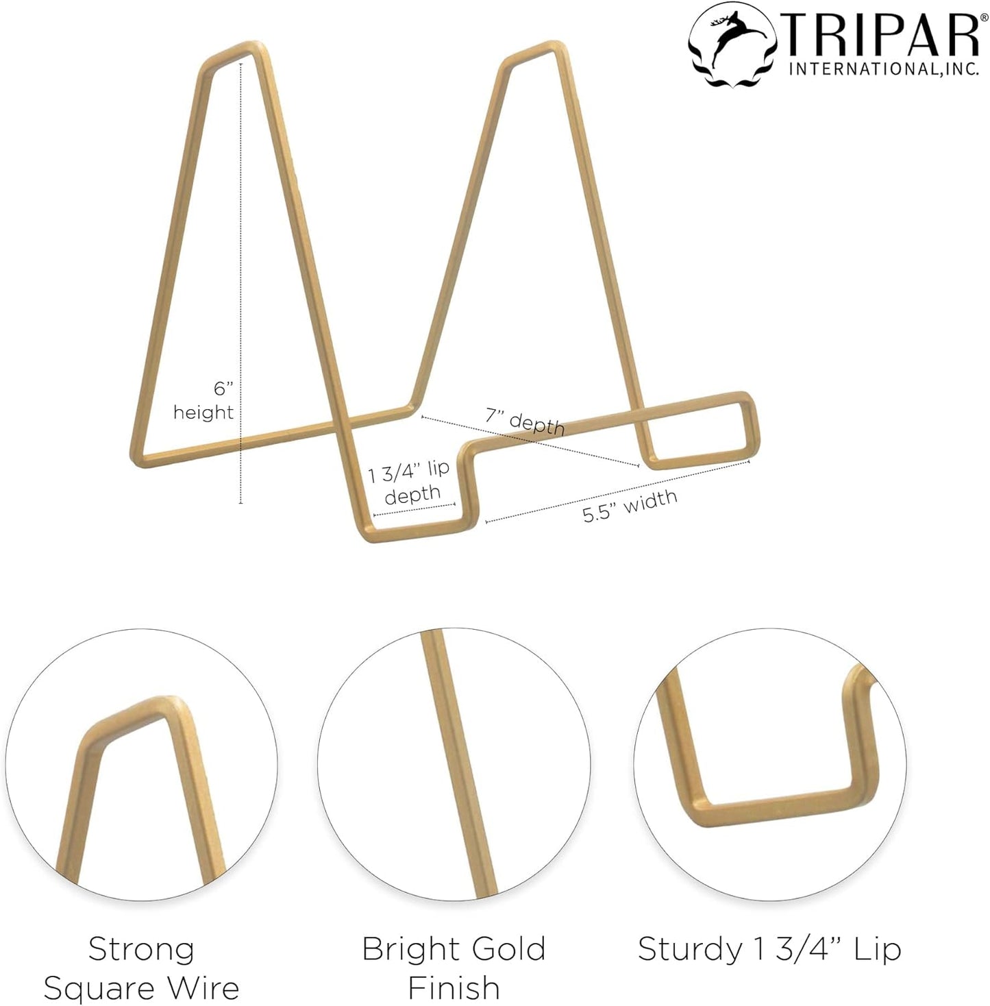 TRIPAR Square Metal Wire Stand, Gold Finish (2 Pack, 6-Inch Depth) - Tabletop Display - Handcrafted Edge Design For Sleek & Modern Look - Perfect for Kitchen Cookbooks, Plates, Photos & More