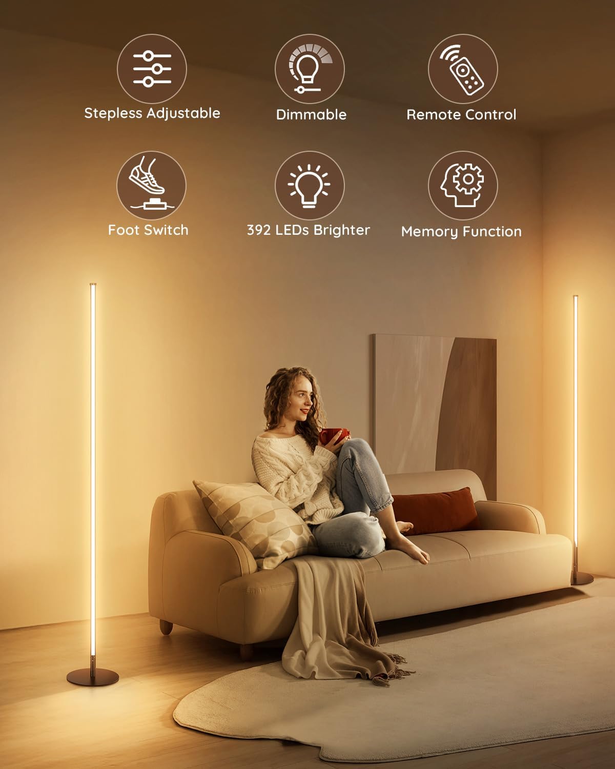 unionlux Corner Floor Lamp 2 Pack, Minimalist Dimmable LED Corner Lamp with Remote, Modern Floor Lamp for Living Room Bed Room, Stepless Adjustable Color Temperature