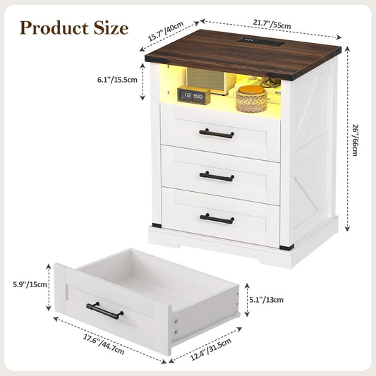 Baoz 3 Drawers Farmhouse Night Stand with 1 Open Shelf, 3 Colors Adjustable LED Light Bedside Table with Charging Station, Rustic Brown White End Table for Bedroom