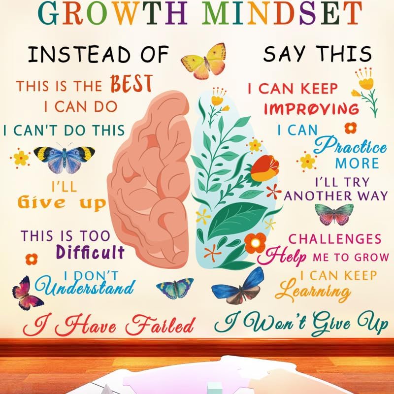 Classroom Growth Mindset Brain Wall Decal Posters Positive Peel and Stick Vinyl Wall Decor Removable Positive Wall Stickers Quotes Saying Wall Art for Teacher Student Classroom Playroom Decor