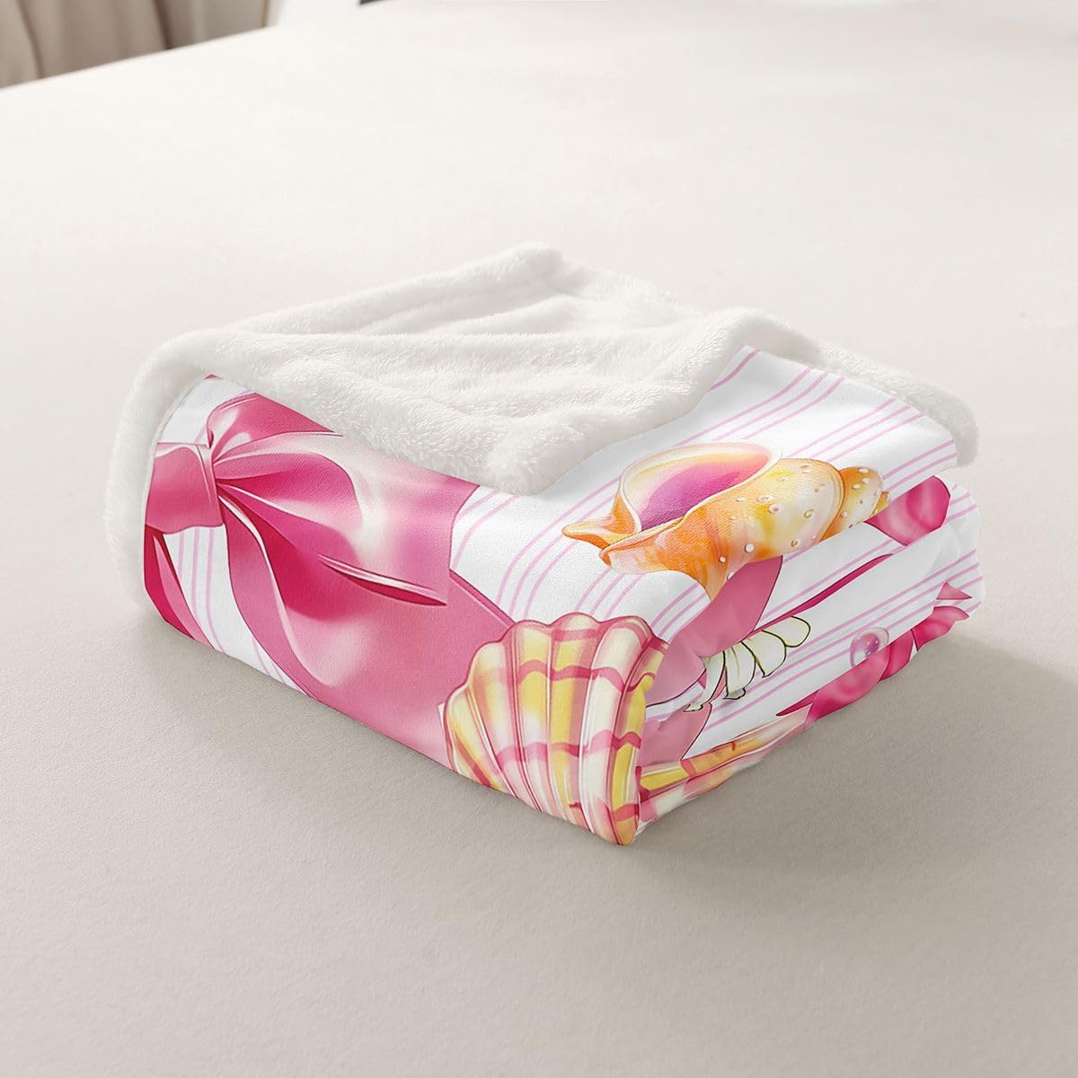 Feelyou Pink Bow Sherpa Throw Blanket for Couch Cute Super Soft Cozy Fleece Starfish Beach Blanket for Winter, Plush Throw Shell Throw 50"x60" Coastal Ocean All Season