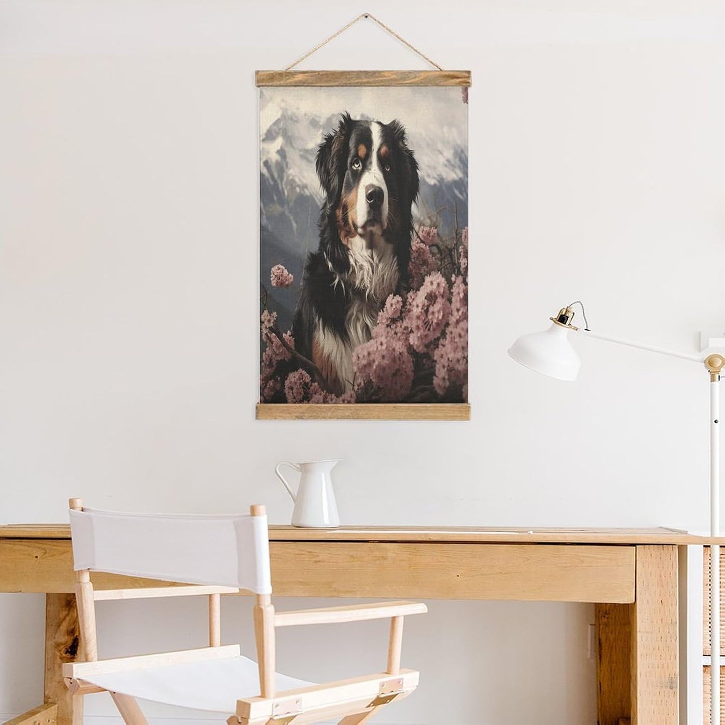 Vintage Bernese Mountain Dog Poster with Wooden Frame Personalized Linen Hanging Scroll Painting Rustic Wall Hanging Illustrative Modern Artwork Decor for Home Living Room Bedroom Office