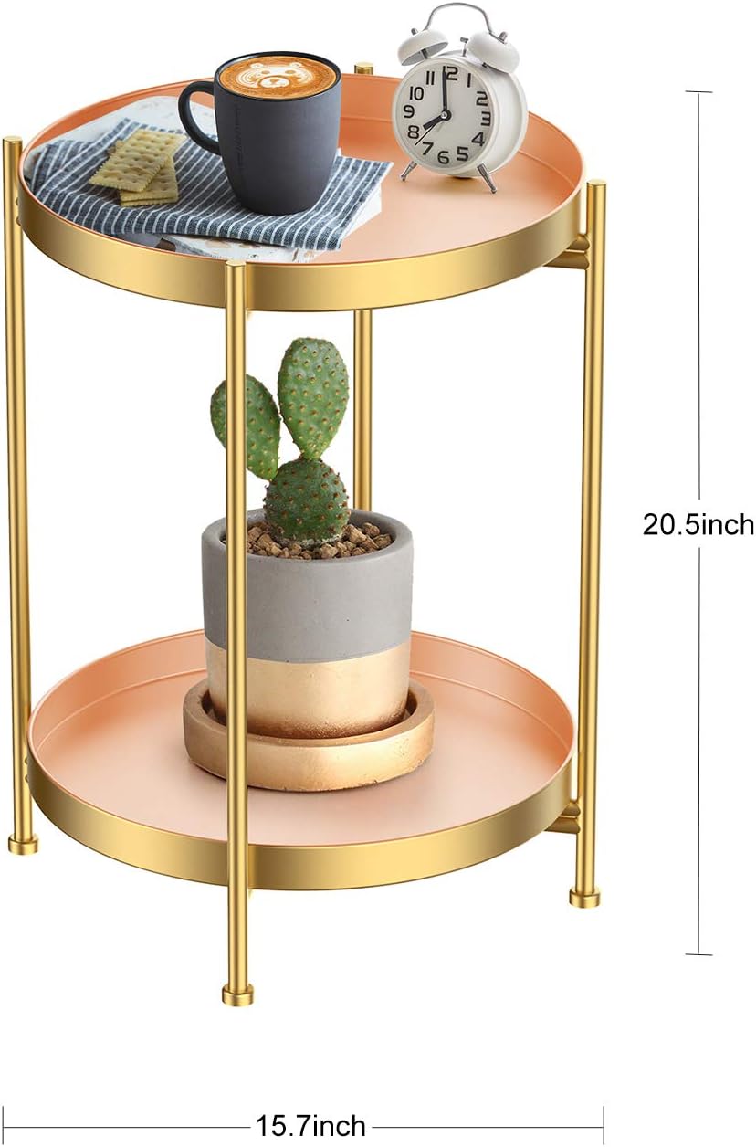 Round Side Table,Gold Metal 2 Tier Tray Metal End Table for Sofa Living Room Tea Table Small Spaces …
