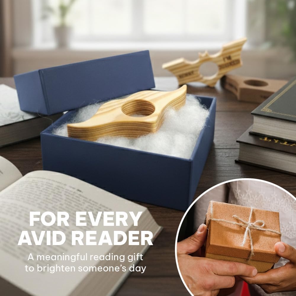 Wooden Book Page Holder – Thumb Page Spreader Reading Accessory with Smooth Finish for Book Lovers (Pinewood - One More Chapter)