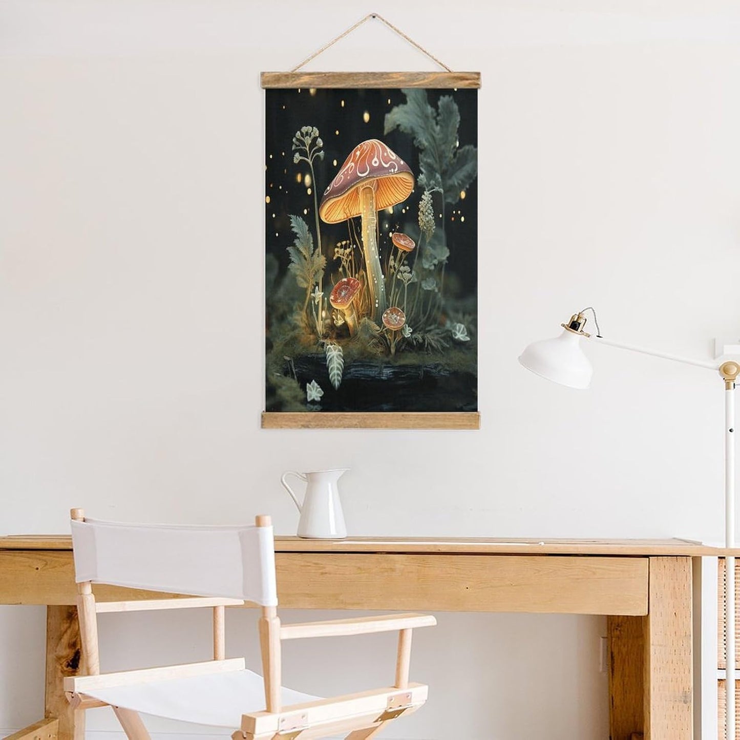 Vintage Butterfly Mushroom Poster with Wooden Frame Personalized Linen Hanging Scroll Painting Rustic Wall Hanging Illustrative Modern Artwork Decor for Home Living Room Bedroom Office