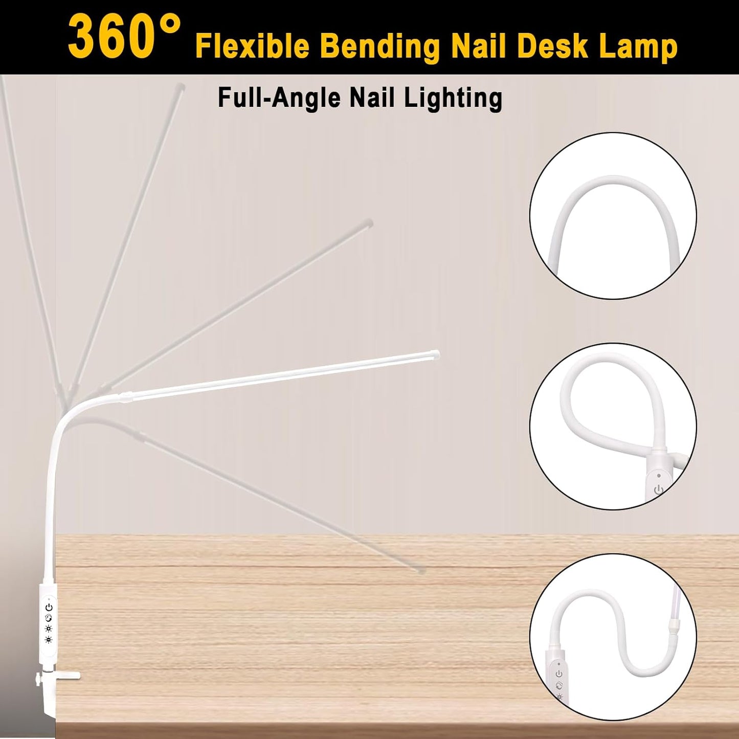 CGBE Nail Light for Desk: 360° Adjustable Nail Lamp for Desk with 3 Color Modes 5 Brightness, 23.6-Inch Led Desk Lamp for Salon Manicurist Tattoo Crafts Sewing Work Reading Game