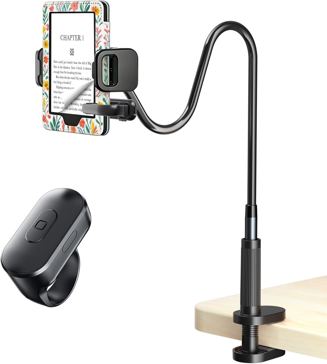 [Case-Friendly] Long Tablet Stand for Kindle with Page Turner Ring Remote, Gooseneck Holder for Reading in Bed with Clicker, eReader Accessories Gift for Readers Compatible with iPad iPhone Fire HD