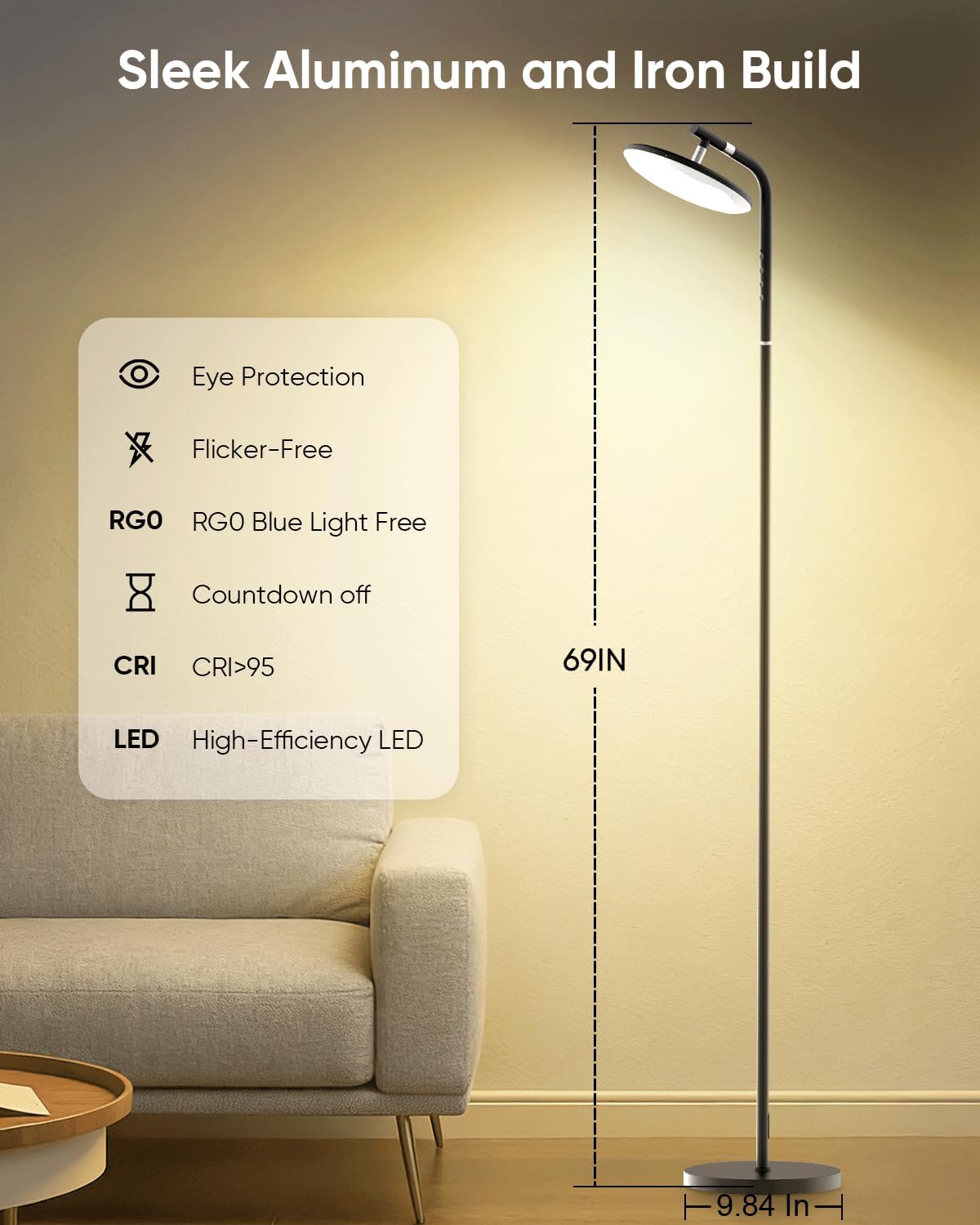 LED Floor Lamp, 36W Super Bright Standing Lamp with Remote & Touch Control, 69" Stepless Dimmable Torchiere Tall Lamp, 350° Rotating Head Floor Lamp for Bedroom, Living Room, Office, Black