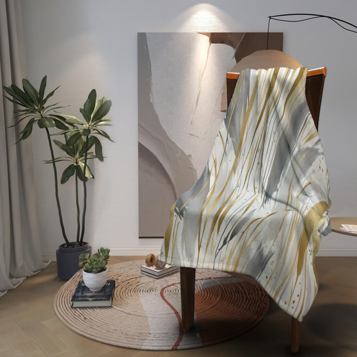 Decorative Throw Blanket for Couch Sofa Bed 50x60 – Soft Flannel Blanket Bedroom Living Room Watercolor Paint Strokes Pattern Abstract Gold Beige and Gray Print Design