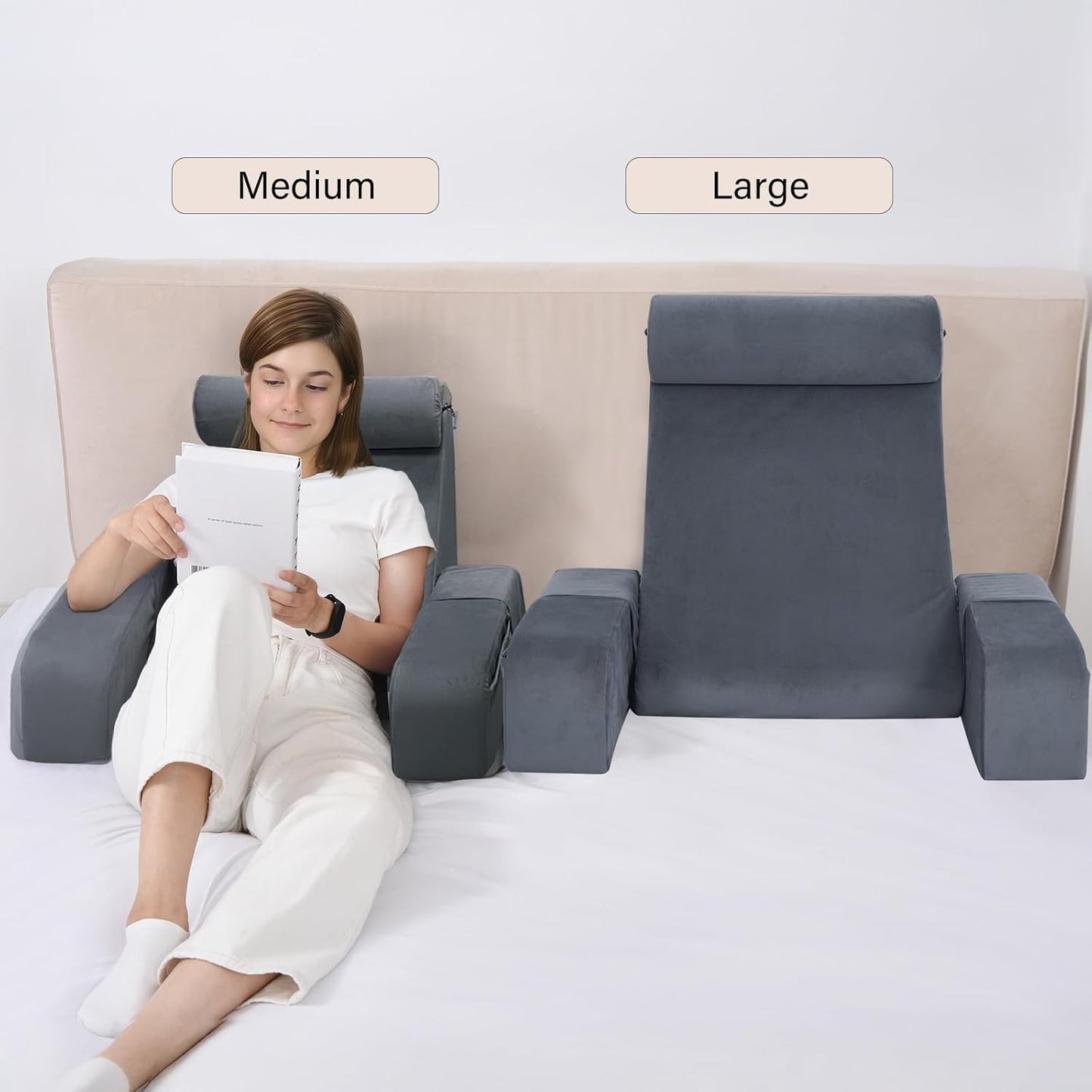 ENITYA Reading Pillow with Arms for Bed Support, 21" Large Back Support Pillow for Sitting up, Wedge Pillow for Reclining, Watching TV, Reading, Gaming, Resting in Bed, Couch or Floor, Grey