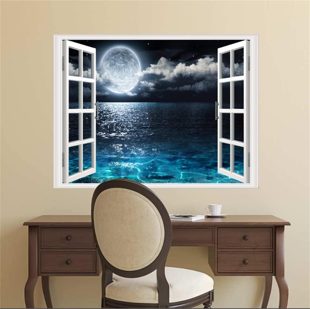 Self-Adhesive Wall Sticker Romantic Living Room Bedroom Study Office Decorative Wall Sticker Ocean Scenery Fake Window Sticker Mural (17.3"×27.6", Moon Beach)