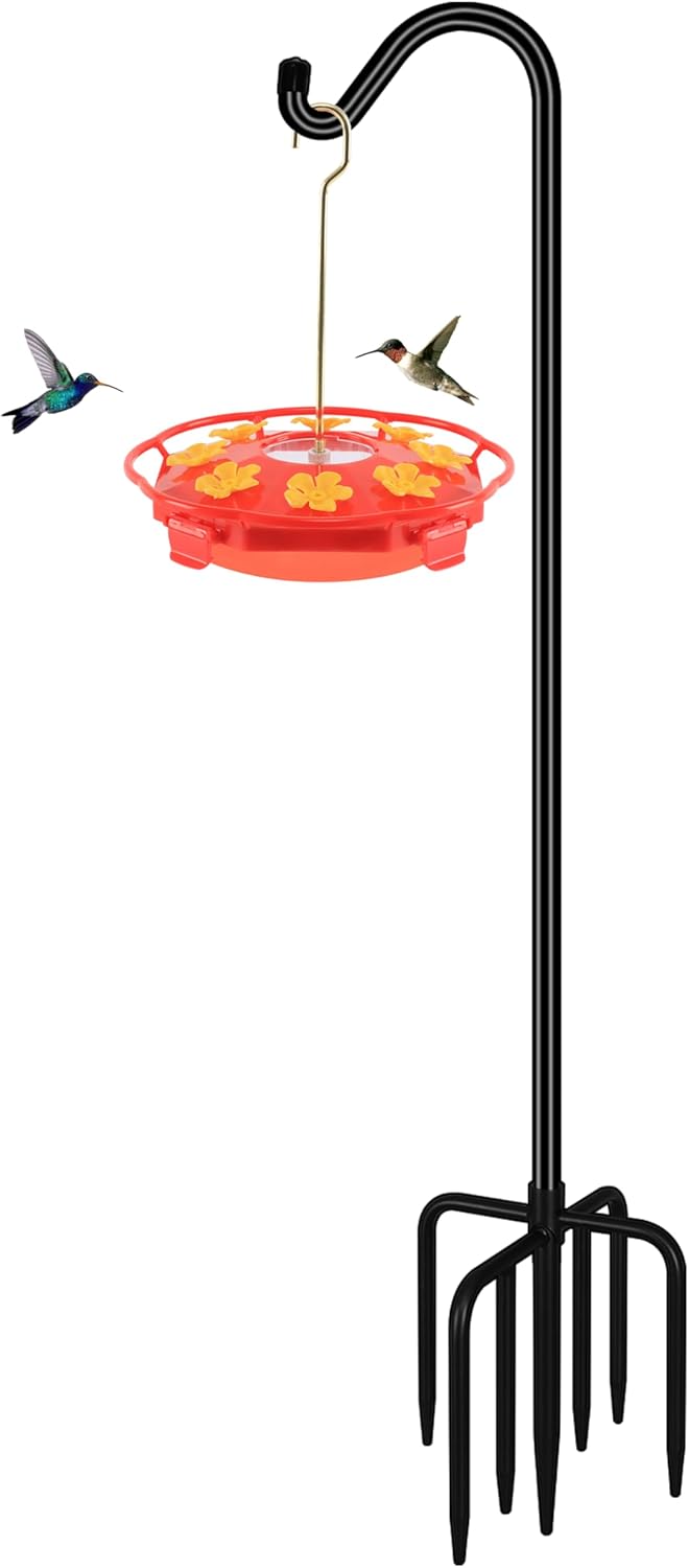 FEED GARDEN 76'' Bird Feeder Pole, Heavy Duty Shepherds Hooks for Outdoor with 7-Prong Base, Adjustable Shepherds Hook for Hummingbird Feeder, Lanterns, Plants, Wedding Decor (1 Pack)