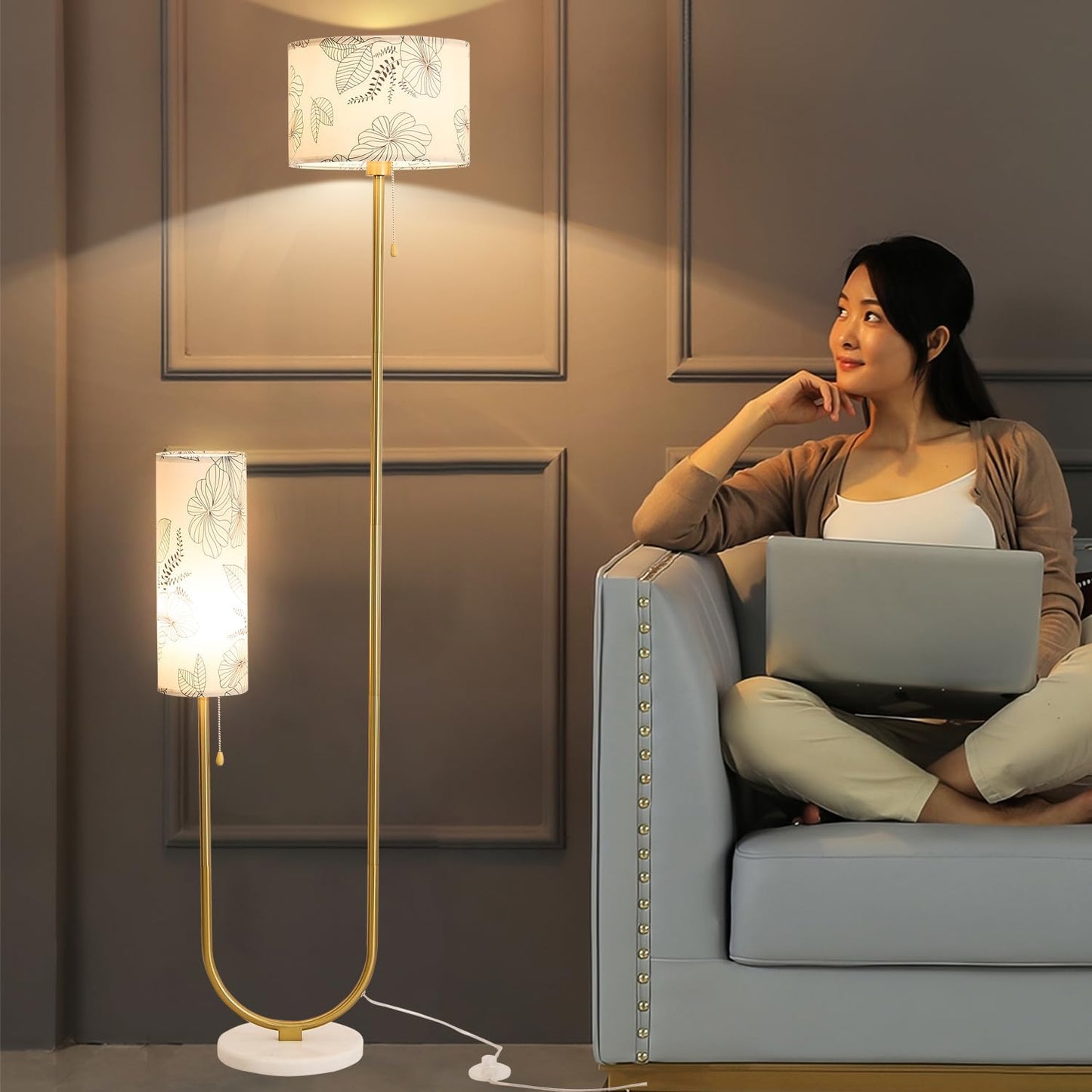 Floor Lamp for Living Room,Modern U-Shaped Standing Lamps with 2 Fabric lampshades, Rustic Farmhouse Tall Pole Light for Bedroom Corner Reading (Gold+White Shade)