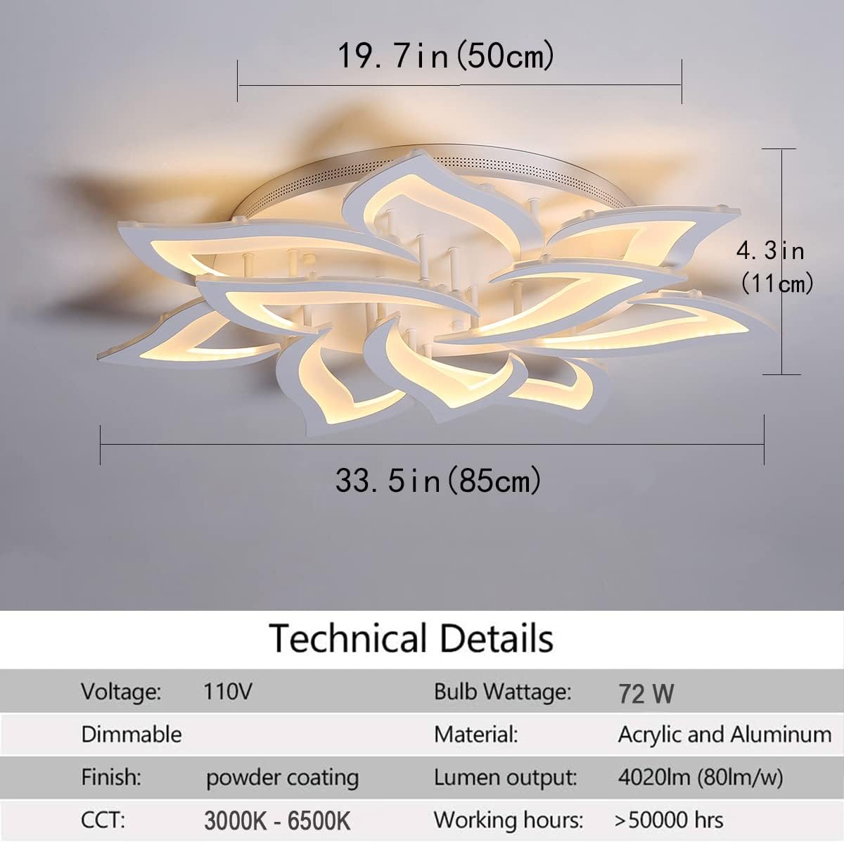 Garwarm Dimmable LED Ceiling Light, 72W Modern Acrylic Flush Mount Ceiling Lamp with Remote Control Metal Flower Shape Chandelier Lighting Fixture for Living Room Bedroom Kitchen