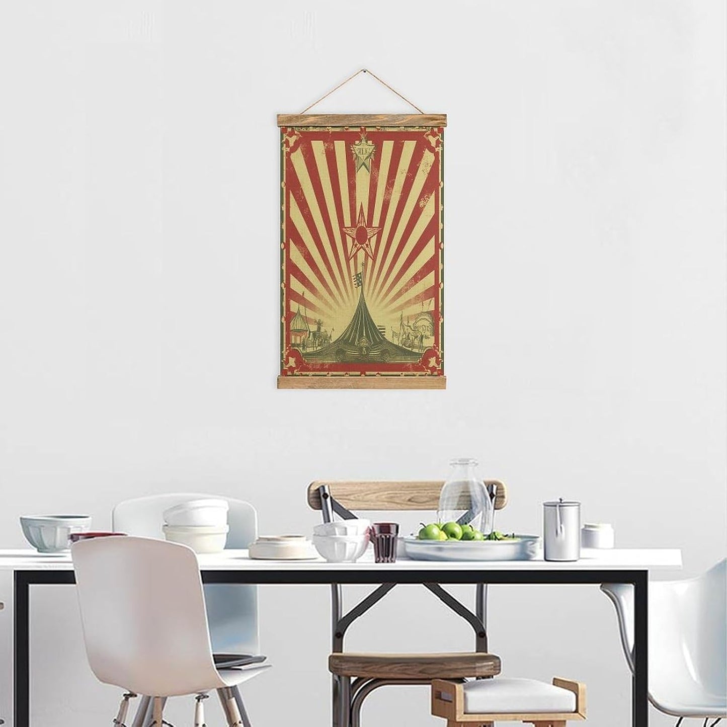 Vintage Vintage Circus Background Poster with Wooden Frame Personalized Linen Hanging Scroll Painting Rustic Wall Hanging Illustrative Modern Artwork Decor for Home Living Room Bedroom Office