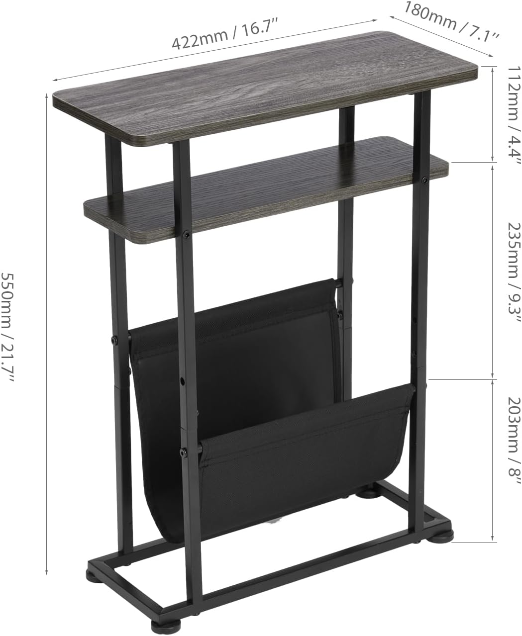Narrow Small Side Table for Small Spaces - Slim End Table with Magazine Rack - Narrow End Table Living Room Couch Side Table- Skinny Bedside Table Nightstand Bedroom Thin Side Table (Grey)
