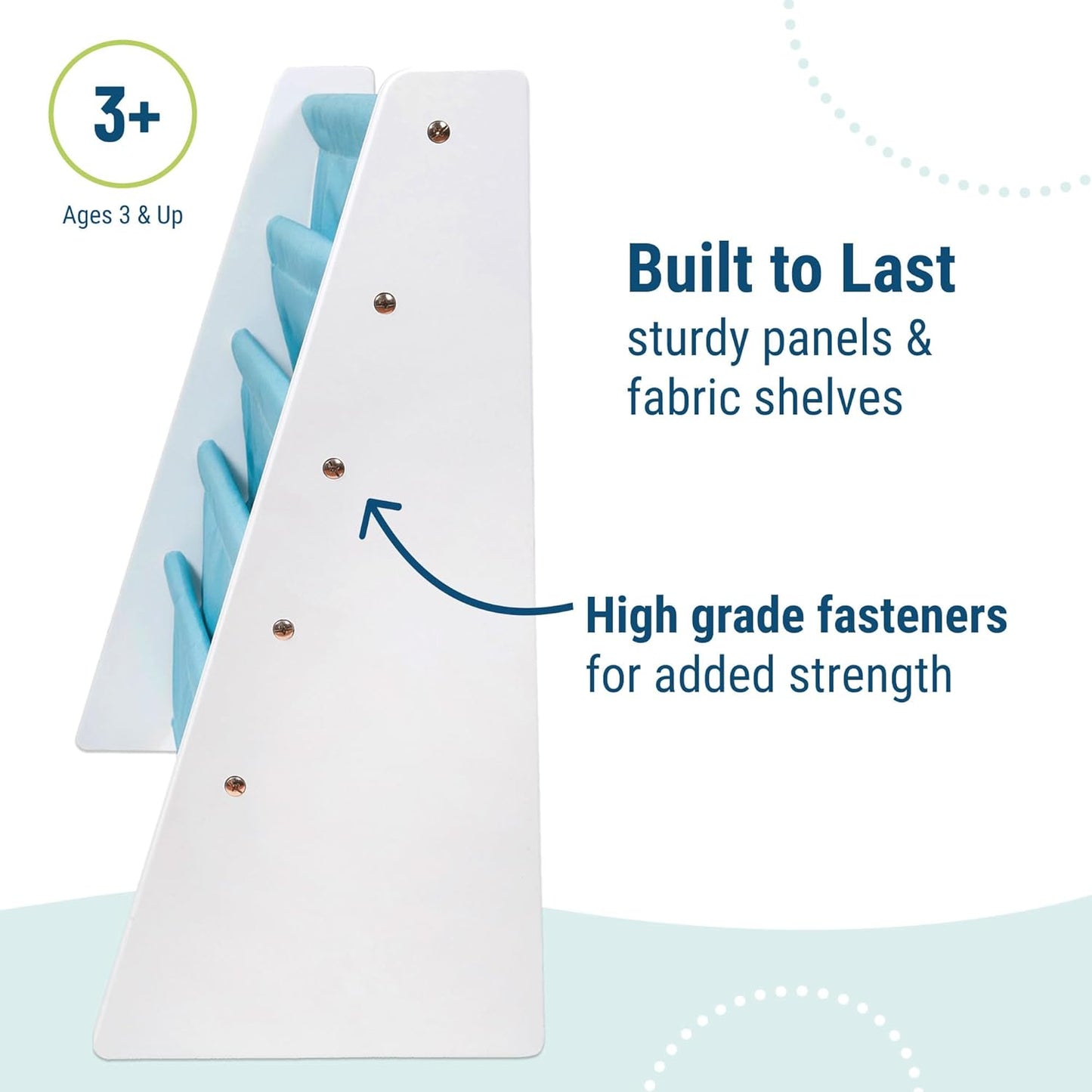 Wildkin Wooden Sling Bookshelf for Kids – Premium Canvas Design with 4 Fabric Shelves, Organizer for Home or Classroom - White w/Aqua