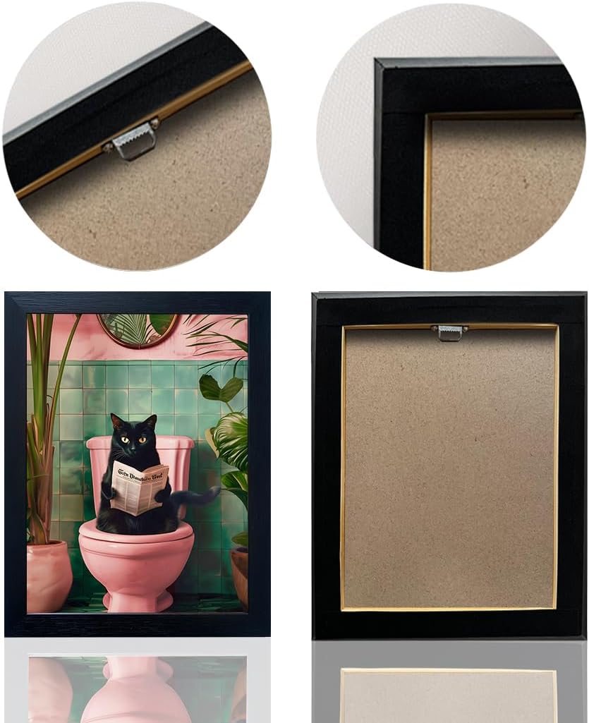 Framed Black Cat Bathroom Decor Pink Trendy Girly Wall Art Funny Cat Reading Toilet Decor Farmhouse Picture Wall Decor