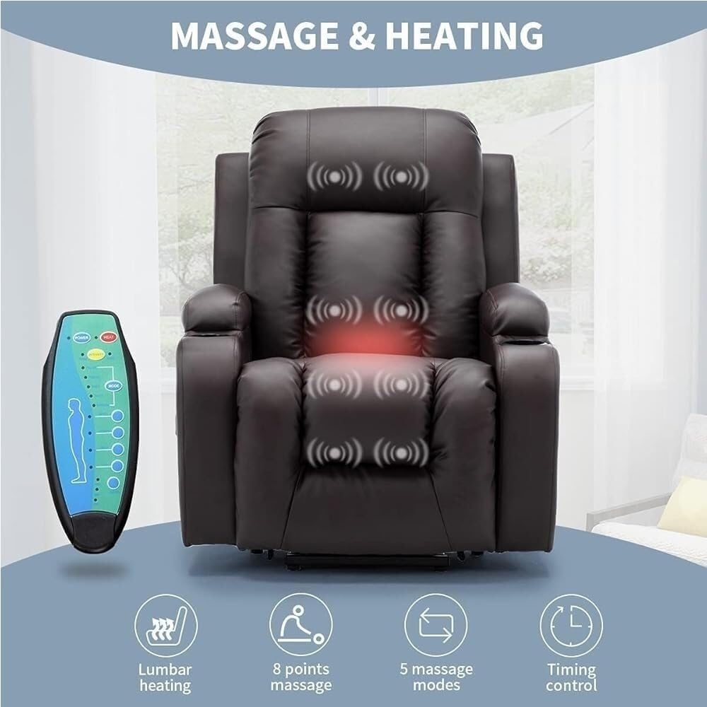 Leather Electric Lift Chair Recliner Adjustable Massage High Back Power Rocker Reclining Sofa for Elderly Adults Comfort Seating Long Hours Sitting
